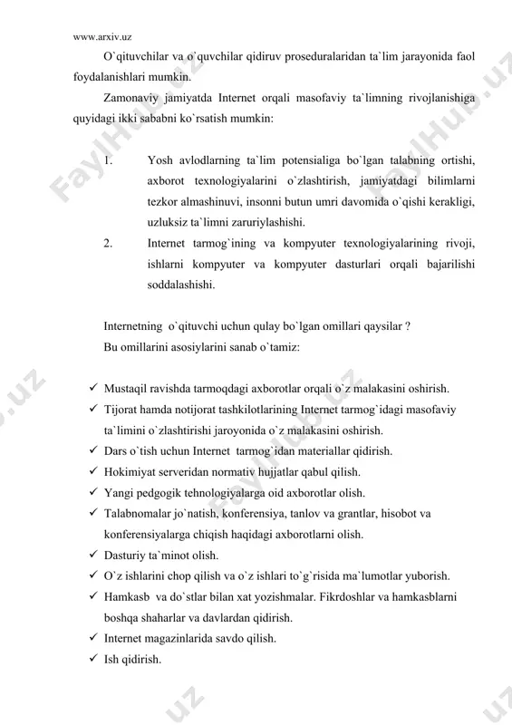 bilan muloqot qilishdagi yangiliklar); o`rganishga bo`lgan munosabatni yaxshilanishi; mustaqil ta`lim va tadqiqotlar malakasini takomillashishi; amaliy malaka samaradorligini oshishi. vaqt o`tishi bilan internetda eng muhim fanlarning eng yaxshi ma`ruzalari chop qilinishi kutilmoqda. o`qituvchilar bu ma`lumotlardan o`z darslariga asos sifatida foydalanishlari mumkin. ma`lumotlar jo`natishda tezlikning ortishi bugungi matn ko`rinishidagi internetni multimediyali interaktiv telekanalga aylanishi boshorat qilinmoqda. bugungi kunda internetdan ajralishlik mukammal bo`lgan ta`limdan mahrum bo`lishlikdir. _1316448782. _1316448781.