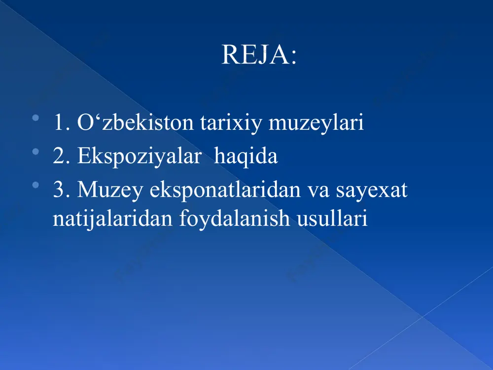 ati muzeyi olimpiya shon-shuhrati muzeyi 1996-yil 1-sentabrda – toshkentda xalqaro olimpiya shon-shuhrati muzeyi ochildi. olimpiya shon-shuhrati muzeyi (rashidov ko`chasi, 4 a uy)- o`zbekistonda olimpiada harakati va sport yutuqlarini targ`ib qiluvchi markaz. osiyo qit’asida birinchi tashkil qilingan olimpiya muzeyi. ochilishi-da xalqaro olimpiyada qo`mitasining o`sha davrdagi prezidenti x.a.samaranch ishtirok etgan. foydalanilgan adabiyot 1. sadikova n.o. madaniy yedgorliklar xazinasi k.1981 2. sadikova n.s. o’zbekistonda muzey ishi.t.,1977 3. nabiyev a. tarixiy o’lkashunoslik.t.,1996 4. o’zbekiston tarixi davlat muzeyi.t.,1994 5.gosudarstvennыy krayevedcheskiy muzey karakalpakistana.n.,1992 image4.jpeg image5.jpeg image6.jpeg image1.jpeg /docprops/thumbnail.jpeg