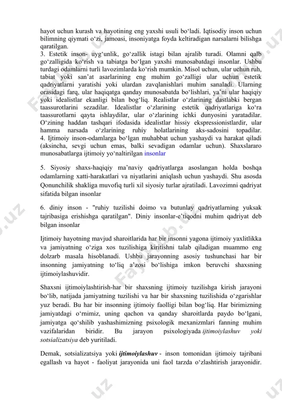 haxs -barcha hayotiy aloqalarda birinchi navbatda foyda keltiradigan inson turi. bu "amaliy odam", uning harakatlarining ma’nosi faoliyatning o‘zi emas, balki uning foydali ta’siri. u uchun hamma narsa hayotni saqlab qolish, hayot uchun kurash va hayotining eng yaxshi usuli bo‘ladi. iqtisodiy inson uchun bilimning qiymati o‘zi, jamoasi, insoniyatga foyda keltiradigan narsalarni bilishga qaratilgan. 3. estetik inson- uyg‘unlik, go‘zallik istagi bilan ajralib turadi. olamni qalb go‘zalligida ko‘rish va tabiatga bo‘lgan yaxshi munosabatdagi insonlar. ushbu turdagi odamlarni turli lavozimlarda ko‘rish mumkin. misol uchun, ular uchun ruh, tabiat yoki san’at asarlarining eng muhim go‘zalligi ular uchun estetik qadriyatlarni yaratishi yoki ulardan zavqlanishlari muhim sanaladi. ularning orasidagi farq, ular haqiqatga qanday munosabatda bo‘lishlari, ya’ni ular haqiqiy yoki idealistlar ekanligi bilan bog‘liq. realistlar o‘zlarining dastlabki bergan taassurotlarini sezadilar. idealistlar o‘zlarining estetik qadriyatlariga ko‘ra taassurotlarni qayta ishlaydilar, ular o‘zlarining ichki dunyosini yaratadilar. o‘zining haddan tashqari ifodasida idealistlar hissiy ekspressionistlardir, ular hamma narsada o‘zlarining ruhiy holatlarining aks-sadosini topadilar. …