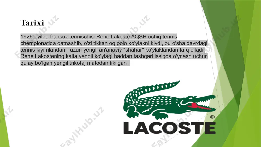 lacoste, sportga va jamoatga investitsiyalarni olib borish va ekologik ko'rsatkichlarni o'z ichiga olgan yangi texnologiyalarni qo'llab-quvvatlash bilan ham taniladi. ular kompaniya etik va ijtimoiy muhimatlarga e'tibor beradigan va ularga oid bo'lgan faoliyatini o'rganib borishga intiladi. lacoste turli sohalar bilan hamkorliok qiladi: “sport maydonchalarida”: lacoste, sport sohasida bir nechta xalqaro tadbirlarga, masalan, tennis turnirlariga rasmiy ta'minotchilar sifatida qatnashadi. bu tadbirlar orqali marka sport va modani birlashtiradi va jamoatga sportga qiziqishni oshirishga intiladi. “moda va san’at”: lacoste modaning turli sohalarida san'atkorlar, dizaynerlar va modellar bilan hamkorlik qiladi. ular xalqaro modaning o'zida o'zlarini namoyish etishga, yangi uslublarni tanitishga va modaning o'zidagi muhim modada o'z ta'sirini oshirishga intiladi. “ekologik muammolar va insonchilik”: lacoste, ekologik muammolar va ijtimoiy masalalar bo'yicha ham faol ish tashkil etadi. ularning "lacoste l!ve" bo'limi ham moda va yangiliklarga boy o'z farzandlariga mos kiyimlar ishlab chiqaradi. bu, markaning ijtimoiy foydasi va atrofidagi muammolarni o'rganish va ularni yechishga intiladi. “mashhur shaxslar”: lacoste, …