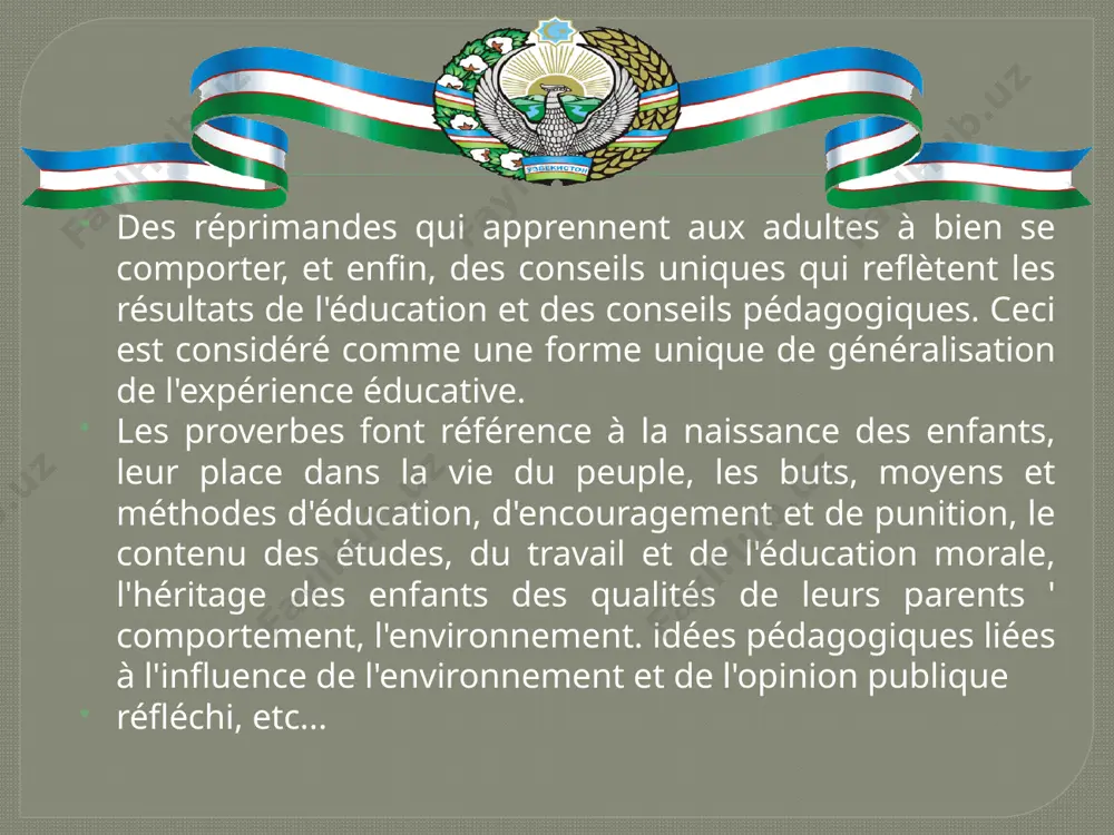 avec l'argent de ton père, mais avec l'esprit de ton père », « dans l'ancien comme dans le nouveau, le père est meilleur que le fils », « le mot du père est l'esprit." oeil". la mère est également comparée à un mur de forteresse. le sort des enfants est prédit en fonction de la façon dont ils traitent leurs parents : "tu as humilié ton père, et tu obtiendras la même chose de ton fils" (russe). soit dit en passant, il y a un conte de fées sur ce sujet, dans lequel il y a un proverbe selon lequel les meilleurs enseignants sont les personnes âgées : "plus on est âgé, plus on a raison, plus on a de travail, plus il a de valeur", "qu'est-ce que le vieil homme sait, la fée ne sait pas. », l'éducation elle-même est particulièrement utile pour étudier les perspectives des gens. avec …