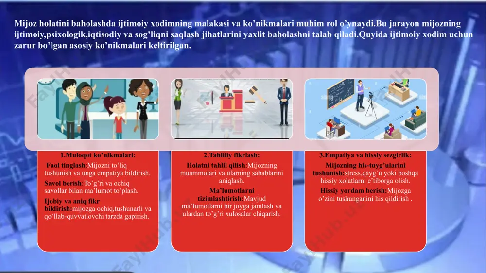 urlari culturagram - bu turli madaniyatlarga ega bo'lgan oilalarni tushunish uchun ishlab chiqilgan oilani baholash vositasi. bu o'n xil madaniy jihatlarga e'tibor qaratishga yordam beradi va immigrant oilalar/qochoqlar bilan eng yaxshi ishlaydi. ecomaps odatda hamshiralar va ijtimoiy xodimlar tomonidan qo'llaniladigan ecomap oilaning tashqi dunyo bilan shaxsiy va ijtimoiy munosabatlarini tasavvur qilish uchun ishlatiladigan vositadir. bu ulanishlarning sifatini ham etkazishga yordam beradi. ecomap odatda qochqinlar va muhojir oilalar uchun ham qo'llaniladi. shaxsiy swot tahlili shaxsiy swot tahlili o'z mijozlaringiz bilan foydalanishingiz mumkin bo'lgan qimmatli o'z-o'zini baholash vositasidir. bu individual ravishda amalga oshirilishi kerak bo'lsa-da, bu mijozlarga ularning kuchli, zaif tomonlari, tahdidlari va imkoniyatlarini aniqlashga yordam beradi. genogrammalar genogramma insonning oilaviy munosabatlari va tarixini tasavvur qilish vositasidir. u an'anaviy oila daraxti diagrammasidan uzoqroqqa siljiydi va avlodlar naqshlari va munosabatlarga ta'sir qiluvchi psixologik omillarni ta'kidlaydi. genogram - bu mijozlarga ochiq gapirish uchun qiynalishi mumkin bo'lgan hozirgi sharoitlarini tushuntirishga imkon beradigan ajoyib vosita. misol …