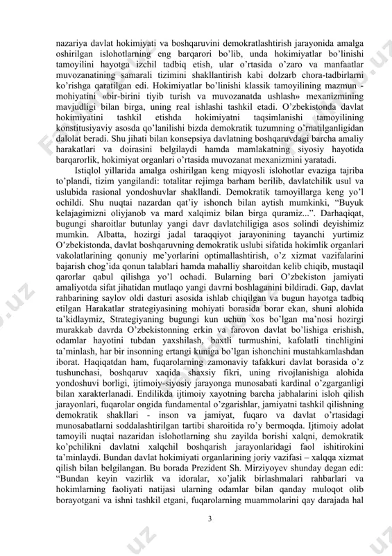 ishga solinayotgani jamiyat a’zolarining o’z xalqi va vatanidan faxrlanish tuyg’usini, davlatning adolat va qonuniy huquqlar kafolati sifatidagi salohiyatiga bo’lgan ishonchini oshirmoqda. harakatlar strategiyasi asosida kechayotgan shiddatli islohotlar xalqning kelajakka ishonchini mustahkamlash, uni bunyodkorlik ishlariga safarbar qilish, jamiyatda uchrayotgan illatlar, xususan, loqaydlik, boqimandalik va korrupsiya kabi holatlarga qarshi faol kurashishga da’vat etmoqda. “xalq davlat organlariga emas, davlat organlari xalqqa xizmat qilishi kerak”. “inson manfaatlari xamma narsadan ulug’”, “xalq boy bo’lsa, davlat ham boy va qudratli bo’ladi”. “xalq bizdan rozi bo’lsa, ishimizda unum va baraka bo’ladi”, “adolat–qonun ustuvorligida”, “ma’naviyat bo’lmagan joyda xech qachon adolat bo’lmaydi!”, “insonlarning dardu tashvishlarini o’ylab yashash–odamiylikning eng oliy mezonidir” singari tamoyillar hayotga joriy qilinmoqda. bu esa milliy g’oyaning xalq irodasi sifatidagi maqomini oshirishga xizmat qiladi. eng muhimi, bugun o’zbekistonda amalga oshirilayotgan, jahon hamjamiyati tomonidan e’tirof etilayotgan demokratik islohotlar ortga qaytmaydigan muqarrar tus olgani xalqimiz, ayniqsa, yoshlarimiz ongida ertangi kunga mustahqam ishonch uyg’otmoqda. 2.harakatlar strategiyasi davlat boshqaruvi yangi konsepsiyasi …