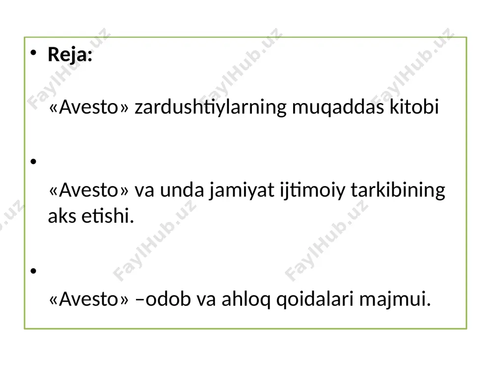 ilayotgan zardushtning ko‘ziga qirg‘oqda turgan porloq hilqat - voxumana ko‘rinadi. zardusht uning sehrli nuriga ergashadi. nihoyat, zardusht ezgu va ulug‘ xudo axuramazda huzuriga boradi. u voxumana kabi porloq ettita hamisha barhayot ilohiy hilqat qurshovida o‘tirar edi. axuramazda shu еrda o‘zining borliqni yaratgan xudo ekani haqidagi xabarni bildirish uchun odamlar orasidan zardushtni tanlaganini aytadi. shu vaqtda zardusht 40 yoshga to‘lgan edi. shu kundan boshlab zardusht axuramazda dinining payg‘ambariga aylandi (payg‘ambar "ezgulik xaqida darak beruvchi" demakdir). u o‘z qavmlari orasida axuramazda dinini targ‘ib qila boshlaydi. buning uchun u gatlar deb atalgan, qo‘shiq qilib aytishga mo‘ljallangan she’rlar yaratadi. zardusht gatlaridan 17 tasi "avesto"ning "yasna" deb atalgan qismiga kirgan va bizgacha saqlangan. zardushtiylik dinida iymon uch tayanchga asoslanadi: 1) fikrlar sofligi, 2) so‘zning sobitligi, 3) amallarning insoniyligi. "avesto" da "bergan so‘zning uddasidan chiqish, unga sodiq qolish, savdo-sotiq va shartnomalarda qat’iy amal qilish, qarzni o‘z vaqtida to‘lash, aldamchilik va xiyonatdan xoli bo‘lish imonlilik alomatidir", -deyilgan. …
