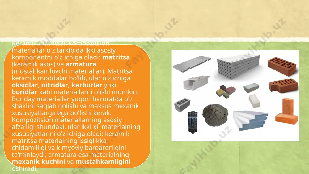 shlab turilsa, uning mustahkamligi oshadi, lekin uzoq vaqt davomida sinterlash materialning strukturasini o'zgartirishi mumkin. yakuniy ishlov berish va sifat nazorati bu yakuniy ishlovlar materialning tashqi ko'rinishini yaxshilaydi va uning ishlash xususiyatlarini oshiradi. bundan tashqari, ishlab chiqarish jarayonida sifat nazorati muhim rol o'ynaydi. ishlab chiqarilgan kompozitsion materiallar maxsus testlardan o'tkaziladi. testlar quyidagilarni o'z ichiga oladi: mexanik sinovlar: materialning kuchi, egilish yoki uzilish sinovlari. issiqlik sinovlari: materialning yuqori haroratga chidamliligini tekshirish. kimyoviy sinovlar: materialning turli kimyoviy moddalar bilan reaksiyasini tekshirish. yakuniy ishlov va sifat nazorati jarayonlari kompozitsion materiallarning sifatini ta'minlaydi va uning qo'llanilishi uchun tayyor bo'lishini kafolatlaydi. agar material sifatli ishlab chiqarilsa, u turli sohalarda muvaffaqiyatli ishlatilishi mumkin. aviasiya va kosmik sanoat aviasiya sanoatida: aviasiya sanoatida, samolyot motorlari va quvvat tizimlarida ishlatiladigan materiallar ko'pincha yuqori harorat va mexanik stresslarga duch keladi. keramik kompozitsion materiallar bu muhitlarga javob berishga qodir, chunki ular yuqori issiqlik va bosimga bardosh bera oladi. misol uchun, turbojet dvigatellarida …