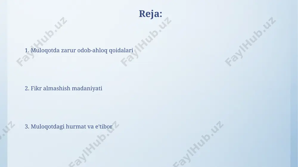 qilayotganda muhimdir. bu noqulaylik va stressdan qochishga yordam beradi. shaxsiy makon chegaralarini bilish uchun, suhbatdoshingizning nutqiga, tana tiliga va vizual signallarga e'tibor bering. agar ular orqaga chekinishga harakat qilsa yoki ko'z aloqasini kamaytirsa, bu ularning shaxsiy makoniga rioya qilish kerakligini bildiradi. suhbatda tinglash madaniyati suhbat davomida kamida 70% vaqtni faol tinglashga bag'ishlash, muloqotning samaradorligini 2-3 baravar oshiradi va o'zaro tushunishni yaxshilaydi. nutq tezligiga moslashish, pauzalarni kuzatish va so'zlovchining intonatsiyasini tahlil qilish – effektiv tinglashning muhim tarkibiy qismlaridir. savol berish va javob berish odobi suhbat davomida kamida 2-3 ta savol berish va har bir savolga diqqat bilan quloq tutib, tafsilotlarga e'tibor qaratib javob berish muhimdir, chunki bu hurmat va qiziqishni namoyon etadi. savol berayotganda, suhbatdoshingizning shaxsiy hayotiga yoki nozik mavzularga tegmaslikka harakat qiling. umumiy mavzularda 5-7 ta savol bilan chegaralanib, suhbatni muvozanatli saqlashga harakat qiling. til madaniyati madaniy muloqotda suhbatdoshingizning fikrini 2-3 daqiqadan ortiq boʻlmagan vaqt ichida tinglash, uni toʻliq tushunish …