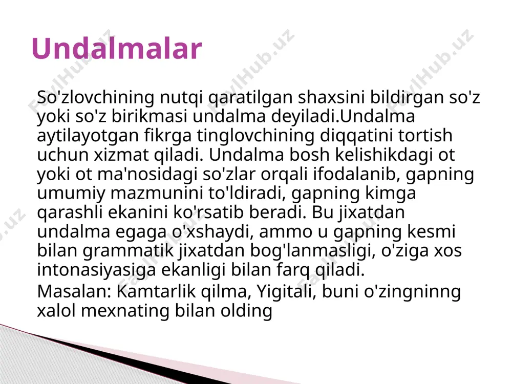 munosabatini ifodalaganligi uchun rasmiy uslubda deyarli qo‘llanmaydi. kiritmalar alohida so‘z (aytishlaricha kabi), so‘z birikmasi (gapning ochig‘i, dangalini aytganda, so‘zning qisqasi kabi ), gaplar (rostini aytsam, o‘ylab ko‘rsam, buni qarang kabi) yoki undan katta birliklar shaklida bo‘lishi mumkin. kiritmalar gapning, xususan, matnning umumiy mazmuniga daxldor bo`lsa-da, gapdagi biror bo`lak bilan tobe-hokimlik aloqasiga kirmaydi, shuning uchun ular gapdagi boshqa bo`laklardan asosan vergul, tire, ba’zan qavslar bilan, talaffuzda esa kichik to`xtamlar bilan ajratiladi. kiritmalar kiritmalar ham barcha bo`laklar singari sodda va murakkab bo`ladi. sodda kiritmalar so`zlar va so`z-gaplar bilan, murakkab kiritmalar esa so‘z birikmasi,kengaygan birikma va gaplar bilan ifodalanadi. so‘z birikmasi va gap shakllarida kelgan kiritmalar ko‘pincha qavslar bilan asosiy gapdan ajratiladi: ijobatni olgandan keyin yuqorida mazkur toshkent atroflari bir majlis qurib, o‘tirishga normuhammad qushbegi (toshkent hokimi)ni ham chaqiradilar. oqposhshoning in’omi kelganini eshitgan xotinlar (ustaning onasi va xotini) talashib, nari-beri gapga borib qoldilar. salomatxonning dadasi, soqolmo‘ylovidan tegirmon gardi arimaydigan (u kishi qishloqda tegirmonchilik …