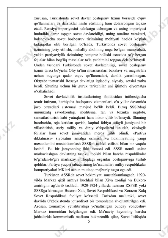 ari va siyosatshunoslari hisoblanadi) hamon qaťiy isbot talab qilmaydigan tayyor xulosalarga duch kelinadi. vaholanki, butun insoniyat tarixini xx asrda jiddiy ravishda o'zgartirib, katta oqibatlarga olib kelgan voqealar ibtidosi aynan rossiyada bo'lgan fevral inqilobi, xususan, oktyabr to'ntarishi bilan bog'liq hisoblanadi. shuningdek, oktyabr to'ntarishining qonli tarixi — xx asrning buyuk fojeasi, o'zbek xalqi boshiga solingan kulfatlarning ibtidosidir. bu to'ntarish tarixchi odamlar, partiyalar, sinflar o'rtasidagi ashaddiy olishuvlar bilan to'la, insoniy hissiyotlar jo'sh urgan suronli o'zgarishlar yuz bergan, xatolar, uqubatlar, urushlar bilan to'lgan. butun bir xalqlar, ijtimoiy tabaqalar va sinflar uchun fojeaviy natijalar keltirgan o'zgarishlardan iborat2. rossiyada 1917-yilning 8 oyi ichida bo'lgan ikkita inqilob va oktyabr to'ntarishi vujudga kelishining ijtimoiypsixologik omillari xususida so'z yuritilar ekan, ushbu o'rinda rossiyalik tarixchi b. n. zemsovning quyidagi fikrlariga to'xtalib o'tish maqsadga muvofiqdir: ”rossiyada revolyutsiyani keltirib chiqaruvchi muhim omil bu hokimiyatning har tomonlama obro'sizlanishi edi. hukumatga qarshi 1 абдуллаев р. национальные политические организации туркестана в 1917 — 1918 годы. …