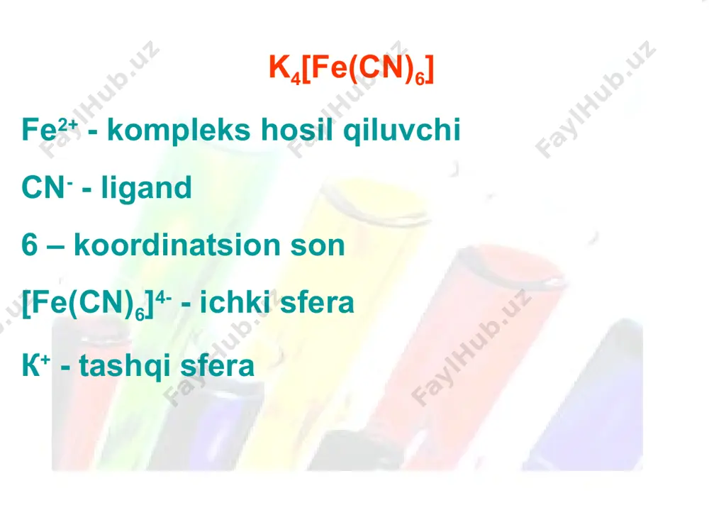 maliq). 3. muhim mikroelementlarni etarli darajada iste'mol qilmaslik (cu - qoraqalpoqiston) gomeostazning buzilishi sabablari: 4. organizmga zaharli ligandlarni qabul qilish (maishiy kimyo va kimyoviy o'simliklarni himoya qilish vositalari). 5. "soxta ligandlar"ning shakllanishi. lupus eritematosus - cu2+ uchun fermentlar bilan raqobatlashadigan ligandlar hosil bo'lishi bilan peptidazalarning rejadan tashqari gidrolizi. xelatli terapiyasining tamoyillari zaharli ionlarni antidotlar bilan bog'lash mustahkamligi organizmga qaraganda kuchliroq bo'lishi kerak. hayotiy muhim birikmalarni yemrilishiga yo‘l qo‘ymasdan, ya'ni, antidot yoki ion-toksikantning birikmalari hayotiy kompleks birikmalarga ega bo'lgan komplekslarga qaraganda kuchsizroq bog‘langan bo'lishi kerak. zaharli(toksik) ionlar: cd2+, hg2+, pb2+, u, as, cr, bi, , plutoniy, radiofaol metallar kompleks birikmalarni nomlanishi toifalash jadvali kation komplekslar anion komplekslar nyeytral komplekslar ????? b/b/b/ jadvali bilaman bilishni xoxlayman bilib oldim e’tiboringiz uchun raxmat!!! ] ) ( [ ] ][ [ 2 3 2 3 + + = nh ag nh ag k нест нест уст k k 1 =