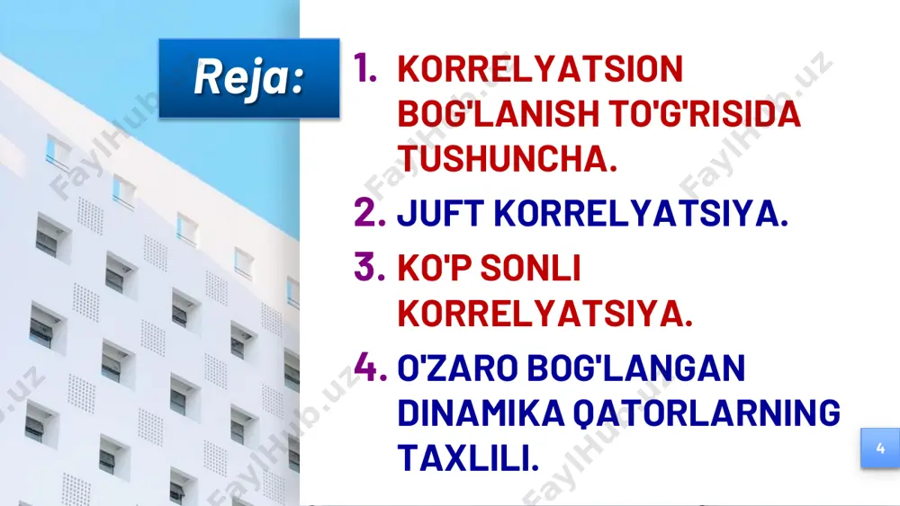 i bog'lanishlarning tavsifiga qarab, bog'lanishlar ikki turga bo'linadi: 7 has  2 1 bu yerda, “a” va “h” – omil; ½ - proportsional koeffisenti. 1. korrelyatsion bog'lanish to'g'risida tushuncha bu erda: yi – natijaviy belgi; xi –omil belgi; f (xi) -aniqlangan funktsional belgilarning bog'liqligi. funktsional bog'lanishlar aniq fanlarda (matematika, fizika, ximiya va h.k.) keng qo'llaniladi. demak, funktsional bog'liqlikni quyidagi tenglikda keltirish mumkin: 8 )( ii xfy  1. korrelyatsion bog'lanish to'g'risida tushuncha 1. korrelyatsional bog'lanish – omilning har bir qiymatiga natijaviy belgining bir qancha qiymatlari mos kelishi mumkin. masalan, hosildorlik bilan 1 ga maydonga solingan mineral o'g'itlarning miqdori o'rtasidagi bog'lanish mavjudligi hammaga ravshan. lekin, hosildorlikka ta'sir etuvchi juda ko'p omillar mavjud: a) yerning sifati; b) urug'ning sifati; v) almashlab ekish darajasi va h.k. belgilar o'rtasidagi bog'lanishlarning tavsifiga qarab, bog'lanishlar ikki turga bo'linadi: 9 korrelyatsiya so'zining ingliz tilidan tarjimasi - munosabat (mos ravishda) ma'nosini anglatadi. korrelyatsion bog'lanishda omillarning to'liq ro'yxatini aniqlash …