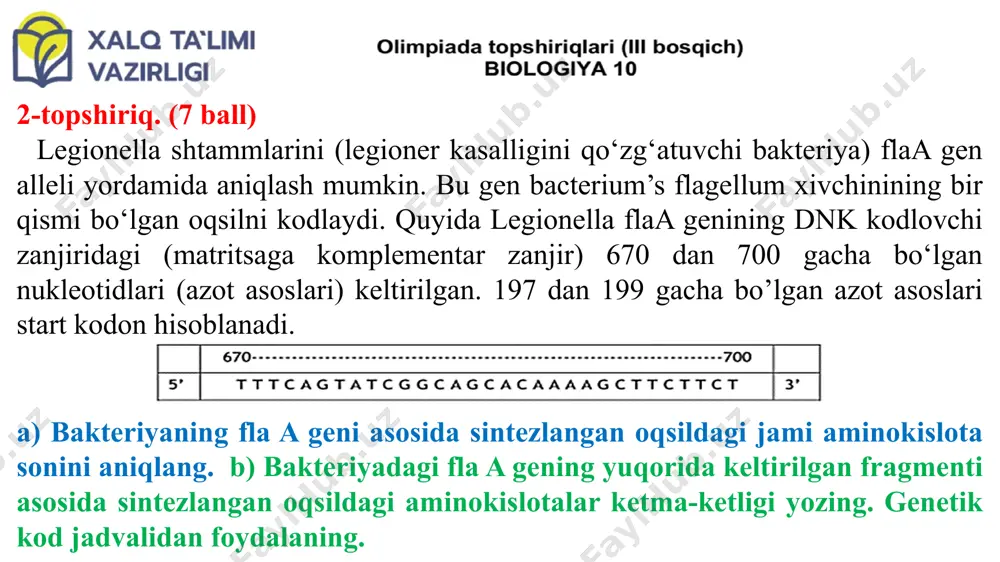 ‘rt kamerali yurak, ikki bo‘lmali oshqozonga ega bo‘lgan organizmlarni aniqlang. 1) bushuyev; 2) zagorsk; 3) shortgorn; 4) simmental; 5) plimatrok; 6) pervomaysk. a) 1, 3, 4 b) 2, 5, 6 c) 1, 2, 5 d) 2, 3, 6 3. odam organizmidagi timozin garmoniga xos bo‘lgan xususiyatlarni aniqlang? a) organizmda pigment almashinuvni boshqaradi; b) jinsiy bezlarni funksiyasini pasaytiradi; c) limfosit hosil bo‘lishini kuchaytiradi va immunitetni oshiradi; d) qon tomirlarini toraytirib, qon bosimini oshiradi; e) organizmda kalsiy-fosfor almashinuvini boshqaradi; f) bolalar o‘sishiga ijobiy ta’sir ko‘rsatadi. d, e, c b) b, c, f c) a, d, e d) a, b, f 4. odam organlar sistemasining kasalliklari to‘g‘ri ko‘rsatilgan javobni aniqlang. 1) hazm qilish; 2) ichki sekretsiya; 3) nafas olish; 4) qon aylanish a) 1-enterit; 2-ganglionit; 3-faringit; 4-gipertoniya b) 1-kolit; 2-tireotoksikoz; 3-nevrit; 4-infarkt c) 1-entarit; 2-bazedov; 3-laringit; 4-ishemik d) 1-salmonellyoz; 2-tetaniya; 3-laringit; 4-nefrit 5. organizmlarning ko‘payish va rivojlanish jarayoni bilan bog‘liq bo‘lgan to‘g‘ri ma’lumotlarni …