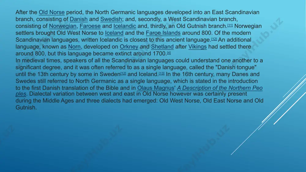 contemporary descendent of old norwegian. bokmal, also called danonorwegian or riksmal, is really a form of danish. nynorsk is more prevalent in rural areas; bokmal in the cities. since 1951 there has been a concerted effort to effect a merger of the two dialects. number of speakers (1988): 5 million as the indo-europeans extended over a large territory, the ancient germans or teutons moved further north than other tribes and settled on the southern coast of the baltic sea in the region of the elbe. this place is regarded as the most probable original home of teutons. it is here that they developed their first specifically germanic linguistic features, which made them a separate group in the indo-european family. the external history of the ancient teutons around the beginning of our era is known from classical writings. the first mention of germanic tribes was made by pitheas, a greek historian …