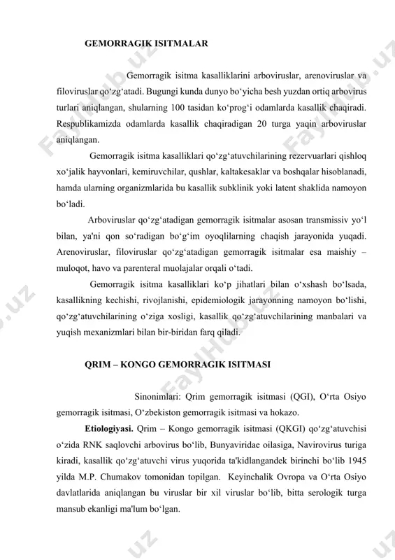 m keladi. virus tashqi muhitda uncha chidamli emas, lekin yuqori haroratga juda sezgirdir. virus ayniqsa cho‘chqa, suriya olmaxoni va maymun embrioni buyraklari hujayralariga o‘ta sezgirdir. virus asosan hujayralar sitoplazmasida joylashadi. epidemiologiyasi. qkgi virusining areali juda keng: ovropadan osiyo va afrikagacha, hamdo‘stlik davlatlaridan rossiya federatsiyasining janubiy regionlarigacha, ukraina, moldova, ozarbayjon, armaniston, qozog‘istonning janubiy viloyatlari va boshqa markaziy osiyo davlatlari, jumladan o‘zbekiston respublikasining bir qator viloyatlari xududlari ham (buxoro, navoyi, qashqadaryo, sirdaryo, jizzax) qkgi bo‘yicha endemik xududlaridan hisoblanadi. qkgi virusi ma'lum tur kannalarida saqlanadi. qkgi qo‘zg‘atuvchisining tabiiy rezervuari va manbalari qishloq xo‘jaligi hayvonlari hamda yovvoyi sut emizuvchilar (quyon, kemiruvchilar, tipratikan va boshqalar) hisoblanadi, virusni tabiatdagi saqlovchisi va tashuvchisi turli xil iksod kanalaridir. qkgi virusining yuqish mexanizmi transmissiv, ya'ni virus kanalarning chaqishi natijasida odamga yuqadi. odamga kasallik muloqot orqali ham yuqadi, ya'ni bemor qonini so‘rgan kanani ezib o‘ldirganda, hamda qkgi siga chalingan bemorning qoni sog‘lom odam terisi va shilliq kavatiga tushganda yoki bo‘lmasa …