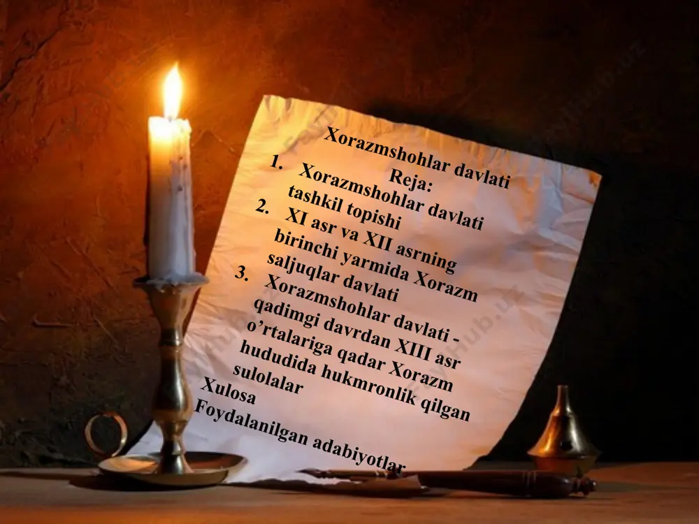 i bosib oladi. 1194 yili g`arbiy saljuqlar sultonini qaqshatqich mag`lubiyatga uchratib, eronning butun sharqiy qismini egallab oladi. 1195 yili tekesh abbosiy xalifa qo`shinini tor-mor qilib, iroqga bostirib kiradi. o`z mamlakati hududlarini ikki karra kengaytirgan va qudratli davlat barpo etgan xorazmshoh tekeshni xorazmning eng iste'dodli hukmdori deb e'tirof etish mumkin. uning siyosati kamchiliklaridan biri qipchoq harbiy aristokratiyasiga ko`rsatilgan homiylik bo`lgan. qipchoqlar tekesh rafiqasi xayriohligidan foydalanib davlat ishlariga ko`proq ta'sir ko`rsatishga intilgan. turkiy "qo`mondonlar"ning davlat ishlariga o`zboshimcha aralashuvi keyinchalik tekesh o`g`li muhammad zamonida xorazm davlatining parchalanishiga sabab bo`lgan. xorazmshohlar davlati - qadimgi davrdan 13-a. o’rtalariga qadar xorazm hududida hukmronlik qilgan sulolalar (siyovushiylar, afrig’iylar, ma’muniylar, oltintoshlar, anushteginiylar). x.d.ni xorazmshohlar boshqargan. markazi, asosan, amudaryoning quyi oqimida joylashgan bo’lsa ham, rivojlangan davrlarida, ayniqsa, 13-a. boshlarida shim.da kaspiy dengizining shim. sohillari, jan.da hindukush tog’lari, sharqda qashqargacha yetgan. arxeologik ma’lumotlar ko’zaliqir, kuyqirilgan qal’a, tuproshal’a, kat qal’alarini poytaxt shahar bo’lgan deb taxmin qilishga imkon beradi. yozma manbalar kat …