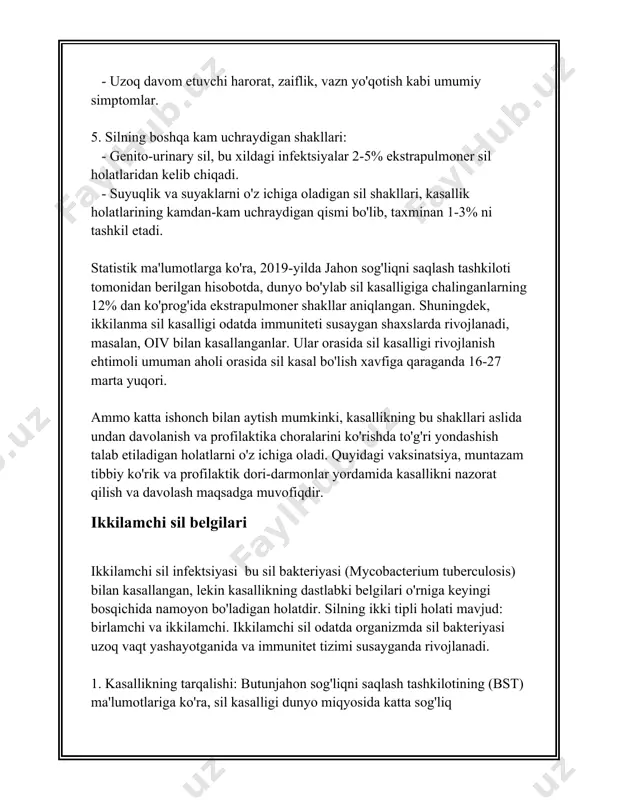 im etaman. ikkilamchi sil - bu dastlabki, ya'ni birlamchi sil kasalliganidan keyin organizmda qayta rivojlanishi mumkin bo'lgan sil shaklidir. ikkilamchi sil odatda imun tizimi zaiflashganda yoki boshqa omillar natijasida birlamchi infektsiya uyqu holatidan qayta faollashganda sodir bo'ladi. jahon sog'liqni saqlash tashkilotining ma'lumotlariga ko'ra, sil kasalligi har yili dunyoda qariyb 10 million kishi orasida uchraydi va bu o'limga olib keladigan infektsion kasalliklar ichida yetakchi o'rinlardan birini egallaydi. ikkilamchi sil esa sil kasalligiga chalinganlar orasida qaytalanish va asoratlar bilan bog'liq bo'lishi mumkin. ikkilamchi silning rivojlanishiga olib keluvchi bir qator omillar bor: 1. immun tizimining zaifligi: sil mikroblari uzoq muddat davomida bekamu ko'st yashirinish holatida qolishi mumkin. immun tizimining zaiflashuvi fonida, masalan, oits (oddiy immunitet tanqisligi sindromi) va boshqa immunosupressiv holatlar natijasida silni faollashtirishi mumkin. 2. yomon ovqatlanish va boshqa sog'liq muammolari: tuprok, parhez, vitamin etishmasligi, ayniqsa d vitamini yetishmovchiligi silning ta'sirini kuchaytirishi mumkin. 3. tibbiy yordamni qabul qilmaslik yoki noto'g'ri qabul qilish: …