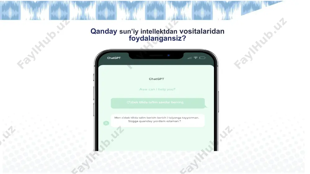 intellektga to‘g‘ri ko‘rsatmalar berish bo‘yicha tavsiyalar sun’iy intellektdan xavfsiz va to‘g‘ri foydalanish o‘quvchilar shaxsiy ma’lumotlarini himoya qilish faqat ishonchli va litsenziyali chatbotlardan foydalanish chatbotlarni qo‘shimcha vosita sifatida ko‘rish chatbotlar bergan ma’lumotlarni tekshirish sun’iy intellektdan foydalanishning ehtiyot choralari si noto‘g‘ri yoki soxta ma’lumotlar berishi mumkin. shuning uchun har doim uning javoblarini tekshirish va ma’lumotlarni solishtirish kerak. si’dan olingan ma’lumotlarni to‘liq ko‘chirib ishlatish – bu ilmiy yoki etik jihatdan noto‘g‘ri. ma’lumotlarni o‘z fikringiz bilan qayta ishlang, manbalarni ko‘rsating. ma’lumotlarning ishonchliligini tekshirish plagiat va mualliflik huquqlarini buzilishi si’ga o‘zingiz va boshqalarning shaxsiy ma’lumotlarini kiritmang. bu — ma’lumot xavfsizligi buzilishiga olib kelishi mumkin. si o‘qituvchining o‘rnini bosa olmaydi. tanqidiy fikrlash, pedagogik tajriba va insoniy yondashuv asosiy rol o‘ynaydi.si faqat yordamchi vosita bo‘lishi kerak. shaxsiy va maxfiy ma’lumotlarni kiritmaslik sun’iy intellektga haddan tashqari ishonmaslik si orqali “tayyor javoblar”ni olish o‘rganish jarayoniga zarar yetkazishi mumkin. buning o‘rniga si’dan maslahat olish, tushunmagan joyini tushuntirish uchun foydalanish tavsiya …