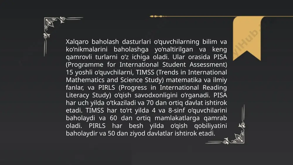 aziladi. timss esa 4 va 8-sinf o'quvchilarining matematika va tabiiy fanlar bo'yicha bilimlarini baholaydi va 4 yilda bir marta o'tkaziladi. pirls 4-sinf o'quvchilarining o'qish qobiliyatlarini baholaydi va u ham 5 yilda bir takrorlanadi. bu dasturlar natijalari ta’lim tizimi samaradorligini aniqlash va rivojlantirish uchun muhimdir. ... t.me/slaydai_bot o‘zbekistonda xalqaro baholash dasturlari doirasida bir nechta muhim ishtiroklar kuzatilmoqda. 2018-yilda o‘zbekiston pisa (o‘quvchilarni xalqaro baholash dasturi) dasturiga qo‘shildi, bu orqali 15 yoshli o‘quvchilarning savodxonligi va matematika, tabiiy fanlar bo‘yicha bilimlari baholanadi. 2022-yilda o‘zbekiston pirls (boshlang‘ich sinflardagi o‘quvchilar o‘qish darajasini baholash) dasturida ham ishtirok etdi. ushbu dasturlar o‘quvchilarning xalqaro miqyosdagi bilim darajasini aniqlash va ta'lim sifatini oshirish uchun ahamiyatga ega. qolaversa, timss (matematika va tabiiy fanlar bo‘yicha xalqaro baholash dasturi) doirasida ham ishtirok etish rejasi mavjud. ... t.me/slaydai_bot 8. xalqaro baholash dasturlari, masalan, pisa, timss va pirls, ta'lim sifatini baholashda keng qo'llaniladi. bu dasturlar orqali o'quvchilarning matematika, tabiiy fanlar va o'qish qobiliyatlari sinovdan o'tkaziladi. …