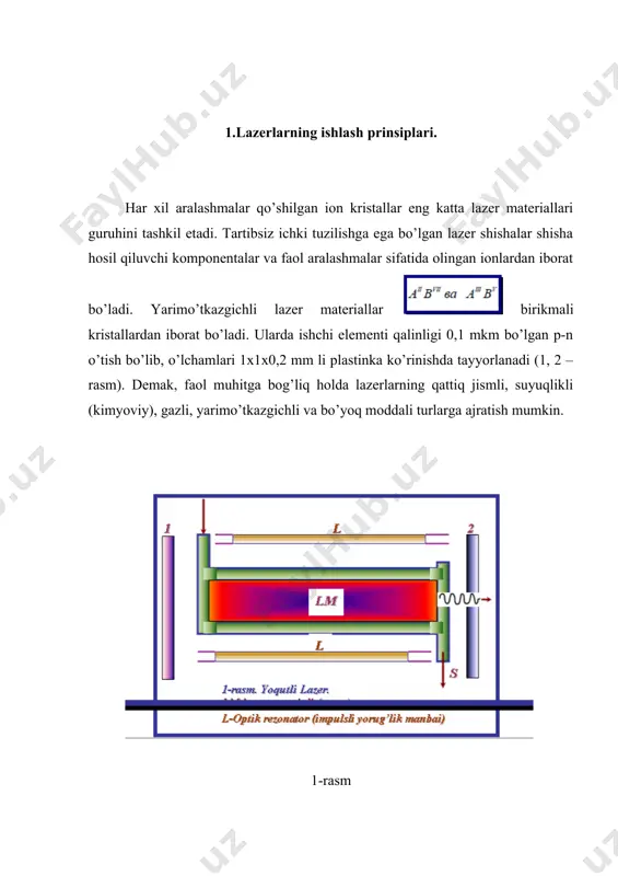ayonini 3 yoki 4 sathli modelda ko’rsatish mumkin. uch sathli generatorlarda “lazer nurlanish” elektronlarning invers joylashishi asosida sath bilan “uyg’ongan” sathlarning birortasi orasida, to’rt sathli generatorlarda esa ikkita “uyg’ongan” sathlar orasida ro’y beradi. uch sathli sxema bilan ishlaydigan lazerlarga yoqut (rubin) lazeri misol bo‟la oladi. bu guruhga kirgan xrom 3( cr , samariy , uran u , neodim 3( nd va boshqa elementlardan tuzilgan lazerlar kiradi. rubin (yoqut) lazerda 0,05% gacha xrom 3( cr ionlari qo‟shilgan alyuminiy oksid al2o3 dan tayyorlangan kristall ishlatiladi (1-rasm). lazerlarda asoslari parallel bo’lgan silindrik sterjen ishlatiladi. impulsli lampadan chiquvchi yorug‟lik faol muhitda tebranish hosil qiladi. lazer nurlanishini hosil qilishda bir nechaming joulgacha energiyali zaryadlangan kondensatorlar batareyasi lampa orqali razryadlanadi. lampa qisqa muddatlar yorug’lik oqimi bilan yoqut o‟qini yoritadi. impulsli lampaning kuchli yorug’lik oqimi yoqutga tushganda, xrom ionlari lampadan chiqayotgan nuolanish spektrining yashil va sariq qismlarini yutib, “uyg’ongan” holatga, ya’ni uchinchi energetik sathga o’tadi. xrom ionlari …