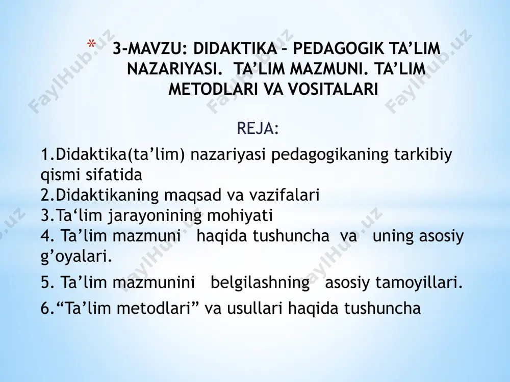 yaratib pedagogikada birinchilardan bo‘lib «tarbiyalovchi ta’lim» nazariyasini yaratdi. nemis pedagogi a.disterveg (1790-1866) o‘qitish tamoyillarini madaniyatga moslab o‘qitish, mustaqil o‘qitish usullari bilan boyitdi. amerikalik olim d. dyui (1859-1952) asosiy e’tiborni ta’lim jarayonida bolani faolligiga, qobiliyatini shakllanishiga qaratgan va didaktikada muammoli ta’lim nazariyasiga asos soldi. ta’kidlash joizki, didaktikani rivojlanishida o‘rta osiyoda yashab ijod etgan mutafakkirlar beruniy, forobiy, ibn sino, zarnudjiy, ulug‘beklarning o‘rni beqiyosdir. didaktikani fan sifatida rivojlanishida k. ushinskiy, v.okon, ch. kupesevich, m.a. danilov, m. skatkin, i.ya. lerner, g.klinberg, yu.k.babanskiylarning xizmatlari beqiyosdir. didaktikani fan sifatida rivojlanishida k. ushinskiy, v.okon, ch. kupesevich, m.a. danilov, m. skatkin, i.ya. lerner, g.klinberg, yu.k.babanskiylarning xizmatlari beqiyosdir. respublikamizda didaktikani rivojlanishiga o. roziqov, b. adizov, n.sayidahmedov, m. ochilov, k. zaripov, r. safarova, f. yuzlikayev, o‘.tolipovlar o‘z hissalarini qo‘shdilar. birinchi bosqich — ya.a. komenskiygacha bo‘lgan davr. bu davr ilmiy asoslanganlik davri sifatida xarakterlanadi. ikkinchi bosqich — ya.a. komenskiydan kibernetikani (jarayonlarni boshqarish nazariyasi) paydo bo‘lgungacha bo‘lgan davr. bu davr asosiy qonun …