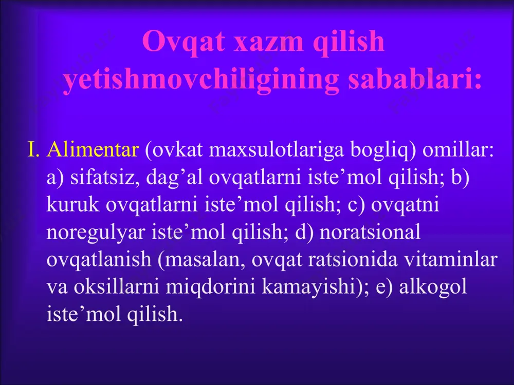 alarini buzilishlari: i. ovqat xazm qilish sistemasining sekretor funksiyasining buzilishlari: 1) gipersekretor xolatlar: a) gipersalivatsiya, b) me’da gipersekretsiyasi, c) pankreatik gipersekretsiya, g) giperxoliya; 2) giposekretor xolatlar: a) giposalivatsiya, b) me’da giposekretsiyasi, c) pankreatik giposekretsiya, g) axoliya. og’iz bo’shlig’ida ovqat xazm bo’lishining buzilishi karies – tishning qattiq to’qimasi emirilib, unda bo’shliq hosil bo’lishi. mexanizmi: mik-rob ta’siri va so’lak ajralishining buzilishi; ca, f, p xamda a, b, c, d vitaminlar almashinu-vining buzilishlari parodontoz (alveolyar pioreya) – tish ildizi atrofidagi to’qimaning surunkali yallig’lanishi. milk uyiqlari hosil bo’ladi, ulardan yiring oqadi, abstsess rivojlanishi va tish qimirlashi kuzatiladi іі. ovkat xazm kilish kanalini xarakat (motor) funksiyasining buzilishlari: 1) chaynashni buzilishlari 2) yutishni buzilishlari – disfagiya 3) me’da diskineziyalari 4) ichak diskineziyalari 5) o’t pufagi va o’t yullarining diskineziyalari 6)defekatsiyani buzilishlari ііі. xazm qilish va so’rilish funksiyasining buzilishlari: 1) maldigestiya sindromi 2) malabsorbsiyalar. xlorid kislota, pepsin, shillikni sintezlanishini buzilishlari xlorid kislota me’da shillik kavatini parietal xujayralari …