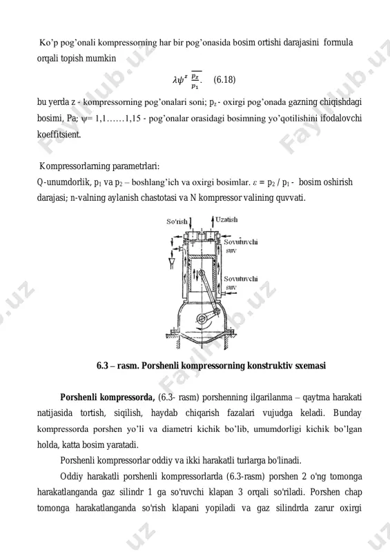 ; l- indikator diagrammaning uzunligi, mm; m- prujina miqiyosi, mmm 2 /n. kompressor ist’emol etadigan quvvat (6.29) 6.1- masala. ko’p pog’onali kompressor orqali 16010 5 n/m 2 bosimli havoni uzatilganda, pog’ona orasidagi bosimlar taqsimlanilishi aniqlansin. yechish. boshlangich bosimi p1=110 5 n/m 2 ,eng qulayli pog’onalar soni z = 4 bo’lgani tufayli demak, pog’ona orasidagi bosimlar quyidagicha taqsimlanadi 1 pog’ona – p1=110 5 n/m 2 ; p2=3,5610 5 n/m 2 ; 11 pog’ona – p2=3,5610 5 n/m 2 ; p3=12,610 5 n/m 2 ; 111 pog’ona – p3=12,6 10 5 n/m 2 ; p4=4510 5 n/m 2 ; 1v pog’ona – p4=4510 5 n/m 2 ; p5=16010 5 n/m 2 ; 6.2-masala. ko’p pog’onali kompressor orqali 14010 5 n/m 2 bosimli havoni uzatilganda, pog’ona orasidagi bosimlar taqsimlanilishi aniqlansin. 6.3–masala. ko’p pog’onali kompressor orqali 18010 5 n/m 2 bosimli havoni uzatilganda, pog’ona orasidagi bosimlar taqsimlanilishi aniqlansin. 6.4-masala. ikkilamchi harakatli porshenli kompressorning unumdorligi …