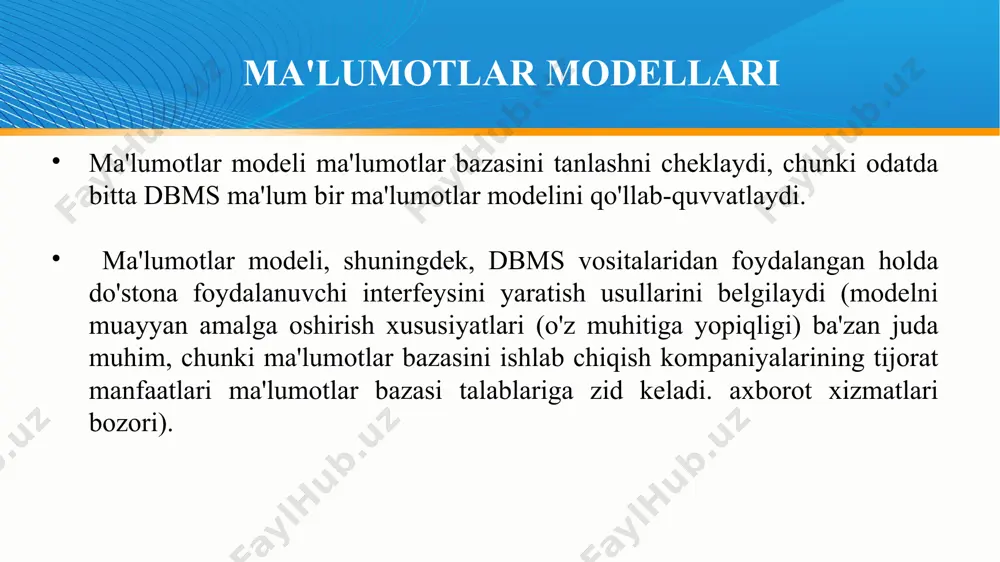 gunlari deb ataladi va bir-biriga quyidagicha bog'langan: har bir tugun yuqori darajada joylashgan boshlang'ich tugunga ega. bolalari bo'lmagan tugunlarga barglar deyiladi. ma'lumotlarning asosiy modellarining umumiy ko'rinishi ierarxiya quyidagi shartlarga javob berishi kerak: ierarxiyada daraxt qurilgan manba tugun (ildiz) mavjud. har bir daraxtning faqat bitta ildizi bor. tugunda modellashtirilgan ob'ektni tavsiflovchi bo'sh bo'lmagan atributlar to'plami mavjud. ulangan tugunlar daraxtga vertikal va gorizontal yo'nalishda qo'shilishi mumkin. quyi tugunlarga faqat manba tugun orqali kirish mumkin, shuning uchun har bir tugunga faqat bitta kirish yo'li mavjud. har bir darajadagi har bir tugunning bir nechta misollari bo'lishi mumkin. bunday holda, manba tugunining har bir nusxasi mantiqiy yozuvni boshlaydi. 21 ma'lumotlarning asosiy modellarining umumiy ko'rinishi ierarxik modelning asosiy kamchiliklari quyidagilardan iborat: ko'pdan ko'pga munosabatlarni ko'rsatishning murakkabligi yangi ob'ektlarni kiritish va eskirgan ob'ektlarni to'g'ridan-to'g'ri ma'lumotlar bazasiga o'chirish (ayniqsa, havolalarni yangilash va o'chirish) operatsiyalarini murakkablashtirish; mavzu bo'yicha ma'lumotlarni taqdim etishda noaniqlik. 22 tarmoq modeli... model har qanday elementni …