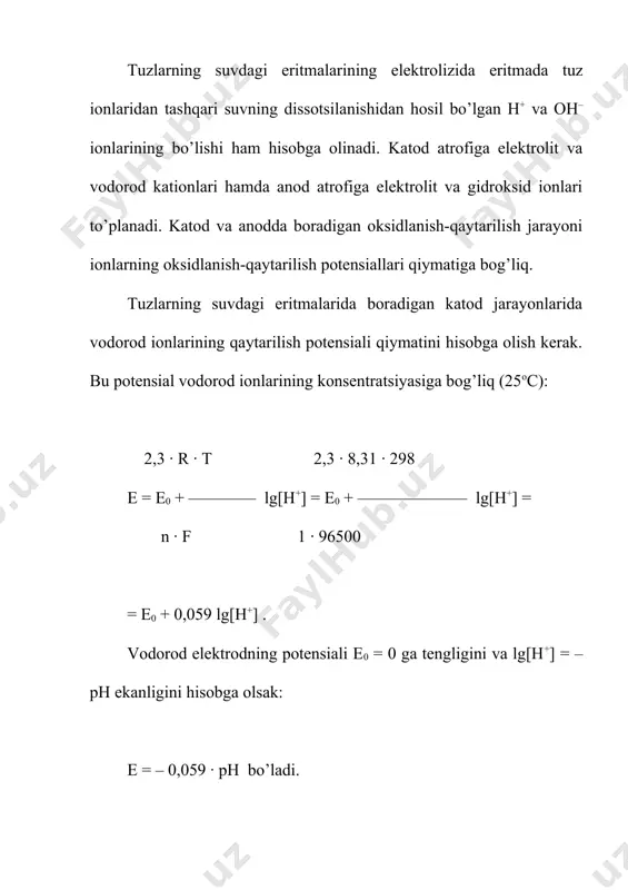 islotali eritmalardan vodorodning elektrokimyoviy ajralishi vodorod ionlarining elektrokimyoviy ajralishi vodorod ionlarining zaryadsizlanishi hisobiga bo’ladi. neytral va ishqoriy eritmalarda suv elektrokimyoviy qaytariladi: 2h2o + 2e– = h2 + 2oh– elektroliz jarayoni anod materialiga qarab, inert anod bilan bo’ladigan elektroliz va aktiv anod bilan bo’ladigan elektrolizga bo’linadi. oksidlanmaydigan materialdan (grafit, platina) yasalgan anod inert anod, oksidlanadigan materialdan yasalgan anod aktiv anod deb yuritiladi. tuzlar eritmalarining elektrolizini misollar asosida ko’rib chiqamiz. 1) kno3 tuzi eritmasining inert anod ishtirokidagi elektrolizi: kno3 k+ + no3– k+/k uchun e0 = – 2,93 v bo’lib, k+ kationlari katodda qaytarilmaydi, no3– anionlari suvli eritmalarda oksidlanmaydi. katodda va anodda suv molekulasi qaytariladi va oksidlanadi: katodda (-): 2h2o + 2e– = 2oh– + h2; anodda (+): 2h2o - 4e– = 4h+ + o2. cucl2 eritmasining inert anod ishtirokidagi elektrolizi. cucl2 cu2+ + 2cl– misning standart elektrod potensiali e0 = 0,34v bo’lganligi uchun katodda faqat mis ionlari qaytariladi, anodda esa xlorid …