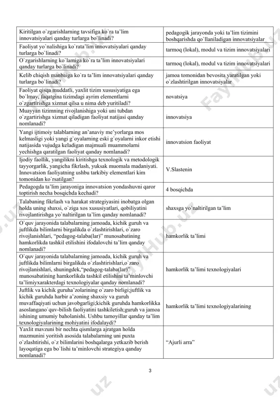 a kechadi? 4 bosqichda talabaning fikrlash va harakat strategiyasini inobatga olgan holda uning shaxsi, o`ziga xos xususiyatlari, qobiliyatini rivojlantirishga yo`naltirilgan ta’lim qanday nomlanadi? shaxsga yo`naltirilgan ta’lim o`quv jarayonida talabalarning jamoada, kichik guruh va juftlikda bilimlarni birgalikda o`zlashtirishlari, o`zaro rivojlanishlari, “pedagog-talaba(lar)” munosabatining hamkorlikda tashkil etilishini ifodalovchi ta’lim qanday nomlanadi? hamkorlik ta’limi o`quv jarayonida talabalarning jamoada, kichik guruh va juftlikda bilimlarni birgalikda o`zlashtirishlari,o`zaro rivojlanishlari, shuningdek,“pedagog-talaba(lar)” munosabatining hamkorlikda tashkil etilishini ta’minlovchi ta’limiyxarakterdagi texnologiyalar qanday nomlanadi? hamkorlik ta’limi texnologiyalari juftlik va kichik guruha’zolarining o`zaro birligi;juftlik va kichik guruhda harbir a’zoning shaxsiy va guruh muvaffaqiyati uchun javobgarligi;kichik guruhda hamkorlikka asoslangano`quv-bilish faoliyatini tashkiletish;guruh va jamoa ishining umumiy baholanishi. ushbu tamoyillar qanday ta’lim texnologiyalarining mohiyatini ifodalaydi? hamkorlik ta’limi texnologiyalarining yaxlit mavzuni bir nechta qismlarga ajratgan holda mazmunini yoritish asosida talabalarning uni puxta o`zlashtirishi, o`z bilimlarini boshqalarga yetkazib berish layoqatiga ega bo`lishi ta’minlovchi strategiya qanday nomlanadi? “ajurli arra” aniq reja, maqsad asosida uning natijalanishini kafolatlagan holda pedagogik faoliyat …