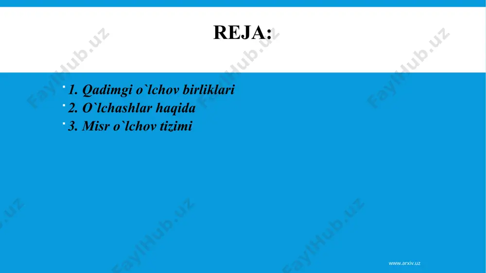 ib kelgan. shuning uchun bo`lsa kerak xalqimiz tomonidan shu sohaga tegishli yuzlab naqllar yaratilgan: bog`ni boqsang bog` bo`lur, botmon-botmon yog` bo`lur», «yemak tuz bilan, tuz o`lchov bilan», «yetti o`lchab, bir kes», «har yerning oz botmoni bor», «har kim o`z qarichi bilan o`lchar», «har yerni qilma orzu, har yerda bor tosh –tarozu» va hakozo. www.arxiv.uz www.arxiv.uz unda tanob, gaz, barmoq kabi o`lchov birliklari va o`lchov yog`ochi kabi o`lchash vositalari to`g`risida yaxshi ma`lumotlar berilib, ularni amalda qo`llashning yo`l-yo`riqlari ko`rsatilgan. xorazmiy «quyosh soatlari to`g`risida risola» asarida ham o`lchash sohasiga munosib hissa qo`shgan. ulug` olim ahmad farg`oniy dunyoda birinchi bo`lib (861 yil) suv satxini o`lchaydigan asbob kashf etgan va uni yasab amalda qo`llagan.1 u «quyosh soatini yasash haqida kitob» asarini ham yozib o`lchovshunoslik sohasining rivojlarishiga munosib hissa qo`shgan. buyuk allomalar abu rayhon beruniy va abu ali ibn sinolar tomonidan yaratilgan asarlarda juda ko`plab o`lchov birliklari keltirilgan. ularning ko`pchiligi hozirgi kunda ham o`z kuchini yo`qotmagan. …