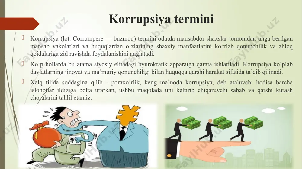 ng hamkorlik qilinishi nazarda tutilishi shart bo‘ladi. korrupsiyaviy jinoyatchilikka qarshi sifatli va samarali kurashish davlatning korrupsiyaga qarshi kurash dasturida quyidagilar: davlat xizmati sifatini ko‘tarish uning ishlash prinsiplarini qayta ko‘rib chiqish: mansabdorlik maqomini —huquq va majburiyatlarini aniq belgilab qo‘yish; tadbirkorlik faoliyati bilan shug‘ullanishi taqiqlangan mansabdor shaxslar ro‘yxatini qat’iy belgilab qo‘yish; davlat xizmatchilarining mulkiy holatini deklaratsiya qilib borishning samarali va qat’iy mexanizmini o‘rnatish; davlat xizmatidan ishdan bo‘shatilgandan so‘ng tadbirkorlik tuzilmalariga ishga o‘tishga cheklovlar joriy etish; davlatning korrupsiyaga qarshi kurash dasturida quyidagilar: korrupsiyaga qarshi kurashning huquqiy asoslarini mustahkamlash: korrupsiyaviy qilmishlar sanalgan jinoyatlarga belgilangan jazolarni qayta ko‘rib chiqish, ularga amnistiya qo‘llanilishini istisno etish; korrupsiyaga qarshi kurash to‘g‘risida, jinoiy va yashirin pul mablag‘lari qonuniylashtirishini odini olish to‘g‘risida qonunlarni qabul qilish zaruriyati; huquqni muhofaza qiluvchi idoralarning korrupsiyaga qarshi kurash faoliyatini takomillashtirish, ularning funksiyalarini bir-birini takrorlamasligi nuqtai-nazaridan ko‘rib chiqish, shuningdek; bugungi kunda ijtimoiy ongda mamlakatda korrupsiyaga qarshi jiddiy kurash olib bormay turib jamiyat va davlat o‘z oldiga …