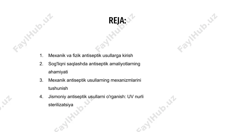 ishini nazorat qilishda va sog'liqni saqlash muassasalarida bemorlarning optimal natijalarini ta'minlashda samaralidir. mexanik antiseptik usullarning mexanizmlarini tushunish mexanik antiseptik usullar qo'zg'atuvchilarni yuzadan yoki teridan tozalash, tozalash yoki yuvish kabi harakatlar orqali jismoniy yo'q qilishni o'z ichiga oladi. ushbu usullar mikroblarni yo'q qilish orqali infektsiyalarning tarqalishini kamaytirishda samarali. 01 jismoniy antiseptik usullar esa mikroorganizmlarni o'ldirish yoki ko'payishini inhibe qilish uchun issiqlik, ultrabinafsha nurlar yoki filtratsiyadan foydalanadi. ushbu usullar patogenlarning tuzilishi yoki funktsiyasini buzish orqali ishlaydi, bu esa ularni yashashga qodir emas. 03 mexanik va jismoniy antiseptik usullar ortidagi mexanizmlarni tushunish infektsiyalarning oldini olish uchun to'g'ri yondashuvni tanlash uchun juda muhimdir. ushbu usullar qanday ishlashini bilish orqali sog'liqni saqlash mutaxassislari toza va xavfsiz muhitni saqlash strategiyalarini samarali amalga oshirishlari mumkin. 02 jismoniy antiseptik usullarni o'rganish: uv nurli sterilizatsiya mexanik va jismoniy antiseptik usullar zararli patogenlar tarqalishining oldini olish uchun juda muhimdir. xususan, ultrabinafsha nurlanishdan foydalanib, bakteriyalar, viruslar va boshqa mikroorganizmlarni yo'q qilish …