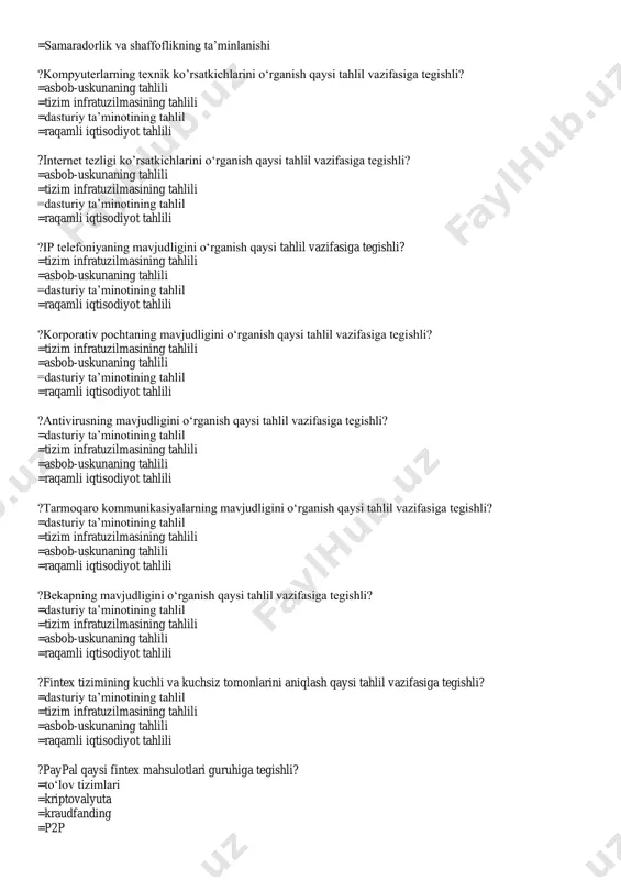 zifasiga tegishli? =dasturiy ta’minotining tahlil =tizim infratuzilmasining tahlili =asbob-uskunaning tahlili =raqamli iqtisodiyot tahlili ?fintex tizimining kuchli va kuchsiz tomonlarini aniqlash qaysi tahlil vazifasiga tegishli? =dasturiy ta’minotining tahlil =tizim infratuzilmasining tahlili =asbob-uskunaning tahlili =raqamli iqtisodiyot tahlili ?paypal qaysi fintex mahsulotlari guruhiga tegishli? =to‘lov tizimlari =kriptovalyuta =kraudfanding =p2p ?google pay qaysi fintex mahsulotlari guruhiga tegishli? =to‘lov tizimlari =kriptovalyuta =kraudfanding =p2p ?bitcoin qaysi fintex mahsulotlari guruhiga tegishli? =kriptovalyuta =to‘lov tizimlari =kraudfanding =p2p ?ethereum qaysi fintex mahsulotlari guruhiga tegishli? =kriptovalyuta =to‘lov tizimlari =kraudfanding =p2p ?ripple qaysi fintex mahsulotlari guruhiga tegishli? =kriptovalyuta =to‘lov tizimlari =kraudfanding =p2p ?kickstarter qaysi fintex mahsulotlari guruhiga tegishli? =kraudfanding =kriptovalyuta =to‘lov tizimlari =p2p ?indiegogo qaysi fintex mahsulotlari guruhiga tegishli? =kraudfanding =kriptovalyuta =to‘lov tizimlari =p2p ?gofundme qaysi fintex mahsulotlari guruhiga tegishli? =kraudfanding =kriptovalyuta =to‘lov tizimlari =p2p ?prosper qaysi fintex mahsulotlari guruhiga tegishli? =p2p =kraudfanding =kriptovalyuta =to‘lov tizimlari ?lending club qaysi fintex mahsulotlari guruhiga tegishli? =p2p =kraudfanding =kriptovalyuta =to‘lov tizimlari ?betterment qaysi fintex …