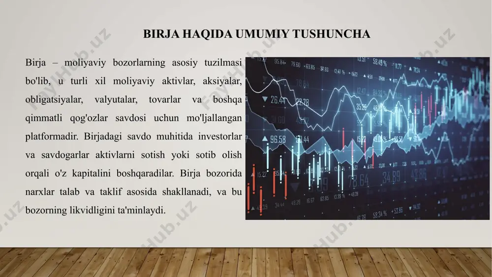 xavfni boshqarish uchun strategiyalar ishlab chiqish zarur. har bir investor o'z risklarini baholashi va o'zgaruvchan bozor sharoitlariga moslashish imkoniyatini yaratishi kerak. birja brokerlari va ularning roli brokerlar – bu savdogarlar nomidan bitimlarni amalga oshiruvchi mutaxassislardir. brokerlar bozorni o'rganib, mijozlarga to'g'ri savdo imkoniyatlarini taqdim etadilar. birja brokeri savdolarni amalga oshirishda mijozga yordam beradi, bozordagi o'zgarishlarni kuzatadi va kerakli maslahatlarni beradi. birjada faoliyat yuritish uchun zarur bo'lgan vositalar birja operatsiyalarini amalga oshirish uchun bir nechta vositalar zarur: savdo platformalari: elektron tizimlar yordamida savdolarni amalga oshirish. broker xizmatlari: savdogarlar nomidan savdolarni amalga oshirish uchun brokerlar yordamida. moliyaviy tahlil vositalari: investorlar va brokerlar bozordagi o'zgarishlarni kuzatish uchun maxsus vositalardan foydalanadilar. birja bitimlarining huquqiy asoslari birja bitimlari o'zaro qonuniy shartnoma bo'lib, ular xalqaro va mahalliy qonunlar bilan tartibga solinadi. har bir bitim huquqiy nuqtai nazardan majburiydir, ya'ni ularni bajarishdan bosh tortish mumkin emas. birja bitimlari va operatsiyalari bo'yicha yuridik normalar va me'yorlar bozorda ishonchli va …