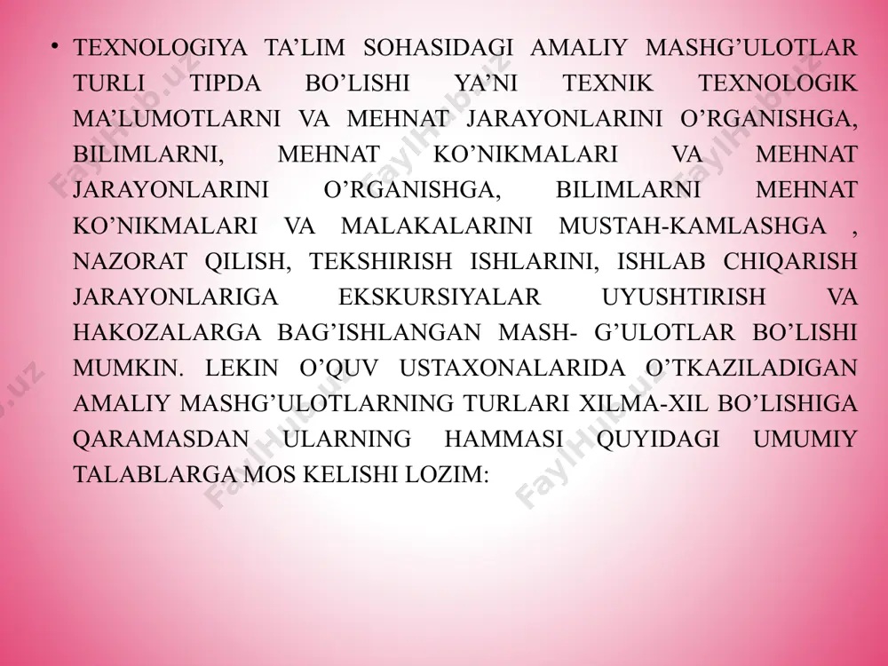 ijodiy yondashish, tabiatga ehtiyotkorlik bilan munosabatda bo’lish, mehnat madaniyatini tarbiyalash, ularga ayrim kasblar haqida tushunchalar berib boriladi. boshlang’ich sinflarni qo’l mehnatiga o’rgatish quyidagi ish turlariga bo’linadi. 1. qog’oz va karton bilan ishlash. 2. turli tabiiy materiallar bilan ishlash: a) applikatsiya va mozaika ishlari. b) loy va plastilin bilan ishlash. v) tabiiy materiallar bilan ishlash 3. gazlama bilan ishlash. 4. texnik modellash ishlari. 5. qishloq xo’jalik mehnati. dars boshida o’qituvchi biror mavzu bo’yicha suhbat olib borar ekan, bu buyum qanday maqsadlarda, ya’ni qaerda ishlatilishini tushuntiradi, so’ngra o’quvchilar tayyorlanayotgan har bir buyumni amalda qo’laydilar. buyumni tayyorlash usullarini o’qituvchi sinf doskasiga osib qo’yilgan yo’llanma xaritasidan yoki texnik vositalardan foydalanib ko’rsatadi. shundan so’ng u ishni bajarish tartibi va usullariga tegishli savollarni berib, materialni takrorlaydi va buyumni o’quvchilar bilan birgalikda tayyorlashga o’tadi. yuqoridagilar kelib chiqib, mehnat ta’limidan amaliy ishlar tuzilishi quyidagi tartibda olib boriladi. 1. o’quvchilar oldiga mehnat topshirig’ining maqsadi va mavzusini qo’yish: a) darslarda …