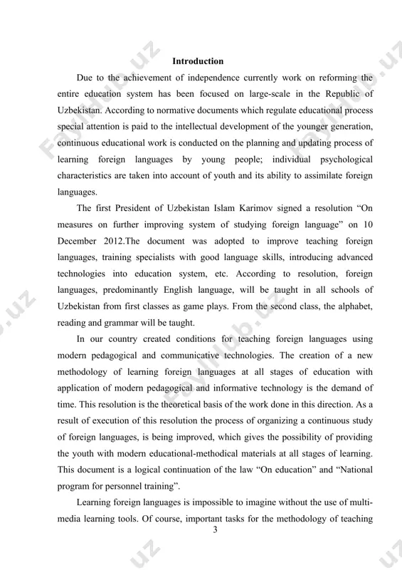 opportunities to illustrate the actual process of communication in english, and creating an educational environment that provides real conditions for learning use of the target language and its culture. the most significant group of benefits is teaching the virtues of computer-based training. for example, teachers use the ability of computers to react instantly to input information to create simple training programs in the form of exercises. the technical advantage of teaching english with the help of multimedia technology is that sound cards allow users to record their speech and then compare it with the pronunciation of native speakers. the subject of this course paper is variety of methods and ways and their effectiveness of using in teaching a foreign language after the independence of uzbekistan. the object of research is the process of analyzing of development of foreign language teaching methods in independent years of uzbekistan. theoretical value of this …