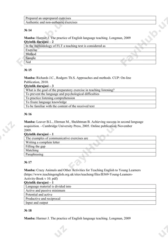 the active minimum mean? language phenomena used in writing and speaking language phenomena used in productive and receptive speech language phenomena used in listening and reading language phenomena used by student in the classroom № 19 manba: jalolov j.j., makhkamova g.t., ashurov sh.s. english language teaching methodology (theory and practice). - tashkent: “фан ва технология , 2015-336 bet.„ qiyinlik darajasi – 1 what does the passive vocabulary minimum mean? vocabulary used in receptive speech vocabulary used in reading and writing potential vocabulary vocabulary used in texts № 20 manba: makhkamova g.t. methodology of teaching special subjects. - tashkent: tammadun, 2017. - 276 b. qiyinlik darajasi – 1 how do we teach pronunciation to students in the english classroom? approximated pronunciation authentic pronunciation we do not pay attention to pronunciation correct pronunciation № 21 manba: jalolov j., makhkamova g. et.al. ingliz tili o’rgatish texnologiyasi: pedagogika kasb-hunar kolledjlari uchun o’quv-metodik qo’llanma –t. …