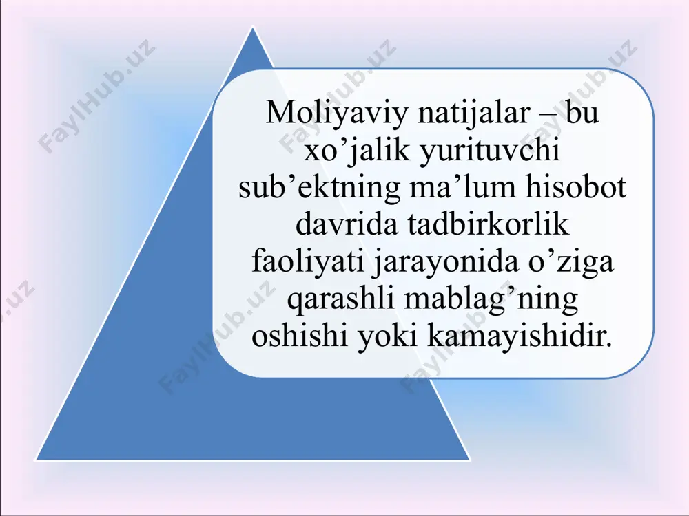 ing mahsulot tannarxiga kiritilishi kelgusi davr xarajatlarining mahsulot tannarxiga kiritilishi mahsulot tannarxini asossiz ravishda ko’tarish hisob siyosatida ko’rsatilmagan kalkulyatsiya usulining qo’llanilishi boshqa turdagi xarajatlarni mahsulot tannarxiga kiritish davr xarajatlari auditida quyidagi schyotlar ma’lumotlari tekshiriladi: 9410-"sotish xarajatlari" 9420-"ma’muriy xarajatlar" 9430-"boshqa operatsion xarajatlar" moliyaviy natijalar auditi asosiy faoliyatdan moliyaviy natijalar auditi moliyaviy operatsiyalardan moliyaviy natijalar auditi asosiy faoliyatning boshqa jarayonlaridan moliyaviy natijalar auditi mahsulot sotishdan olingan daromadlar auditi sotilgan mahsulot tannarxi auditi sotish xarajatlari auditi ma’muriy xarajatlar auditi boshqa operatsion xarajatlar auditi dividendlar shaklidagi daromadlar va xarajatlar auditi foizlar shaklidagi daromadlar va xarajatlar auditi uzoq muddatli ijara (lizing) dan olingan daromadlar va xarajatlar auditi valyuta kursi farqidan daromadlar va xarajatlar auditi asosiy faoliyatdan olingan boshqa daromadlar auditi moliyaviy faoliyatning boshqa daromadlari va xarajatlari auditi foyda solig’i bo’yicha xarajatlar auditi foyda solig’i auditi foydadan boshqa soliqlar va yig’imlar auditi moliyaviy natijalar auditining xususiyatlari moliyaviy natijalarning shakllanishi bir qancha ko’rsatkichlarga bog’liq moliyaviy natija hisobot …