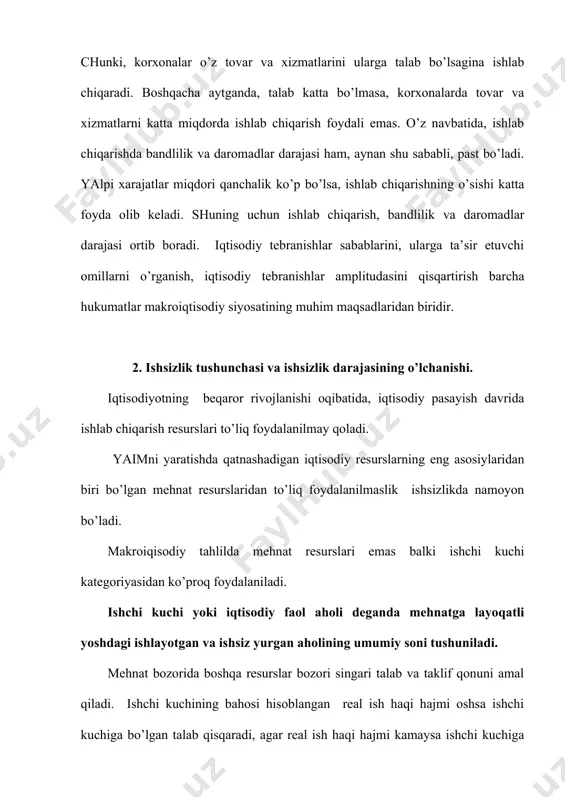 gdek, boshqa sabablardan kelib chiqadi. u doimo mavjud bo’lib, ma’lum bir darajada kerakli hisoblanadi. tarkibiy ishsizlik. tarkibiy ishsizlar guruhiga ishlab chiqarish strukturasining o’zgarishi natijasida ishchi kuchiga talab tarkibining o’zgarishi natijasida ishsiz qolganlar kiradi. unga asosan malakalarini o’zgartirishi va oshirishi, ma’lumot olishi, yangi kasb egallashi lozim bo’lgan ishsizlar guruhlari kiradi. friksion ishsizlik bilan tarkibiy ishsizlikning asosiy farqi shundaki, birinchisida, ma’lum malaka va tajriba mavjud bo’ladi va undan foydalanib, ish joylarini tezroq topib olishadi, ikkinchisida esa, ishchi kuchi darhol va tezroq ish joylarini topa olmaydi. davriy ishsizlik asosan ishlab chiqarishning pasayishi natijasida ishchi kuchiga bo’lgan talabning kamayishidan paydo bo’ladi. davriy pasayish tovar va xizmatlarga bo’lgan yalpi talabning kamayishini, shunga muvofiq, yalpi tatalabning kamayishini, va oqibatda aholining ish bilan bandligi qisqarishi va ishsizlikning o’sishini bildiradi. to’la ish bilan bandlik ishchi kuchining 100 foiz ish bilan ta’minlanganligini bildirmaydi. aksincha, friksion va strukturali ishsizlik ilojsiz hol bo’lganligini hisobga olsak, biz mutlaq to’la ish bilan bandlilikka …
