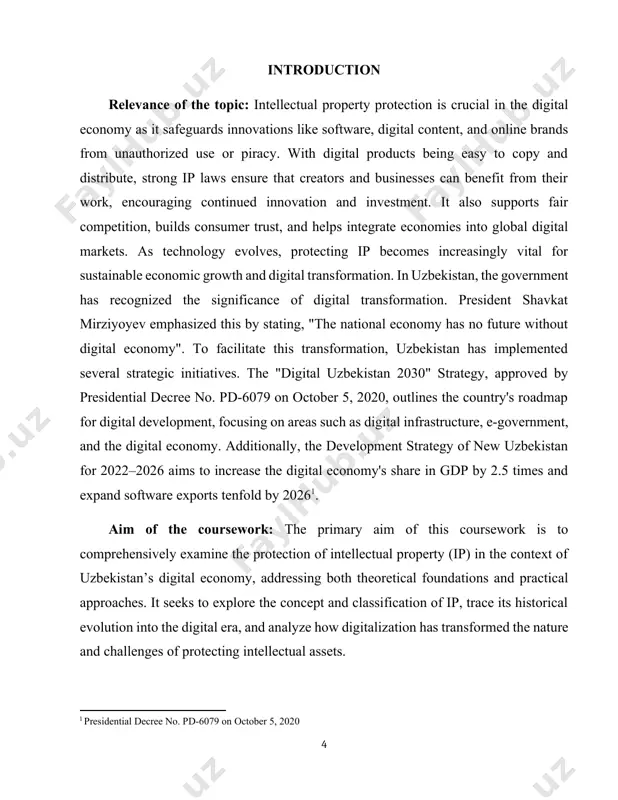 roperty in uzbekistan’s digital economy. it seeks to define the concept and classification of intellectual property and examine its transformation in the digital age. the study aims to explore international legal frameworks governing digital ip, such as the trips agreement and wipo treaties, and assess how they influence national policies. a comparative objective is to analyze how global tech companies like apple protect their ip assets in a digital environment, offering insights into modern strategies. the coursework also focuses on evaluating uzbekistan’s legal reforms, enforcement mechanisms, and institutional efforts to protect intellectual property rights in line with global standards. finally, it aims to identify challenges in the digital ip landscape and propose recommendations to enhance innovation, enforcement, and international integration. object of the research: the object of this research specifically on uzbekistan, as a developing digital economy, and apple as a global leader in intellectual property strategy, to examine theoretical …