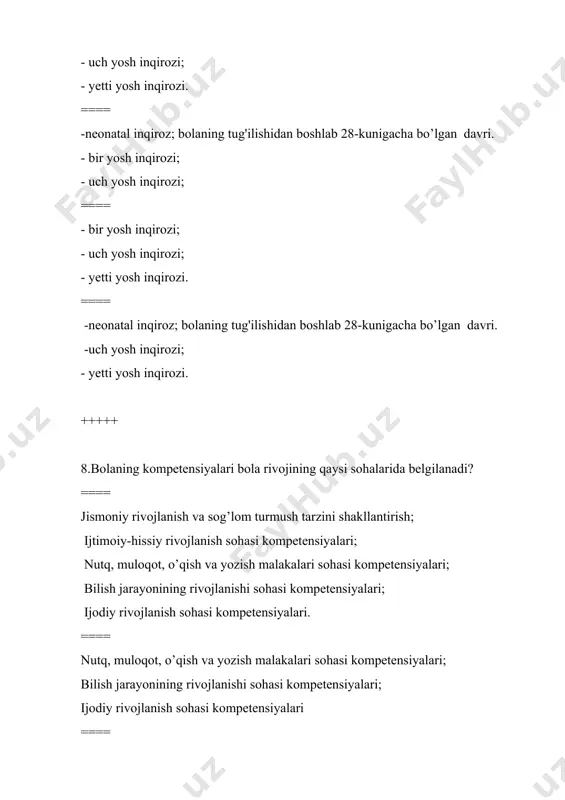 loqotga bo'lgan extiyojga qarab bolalarni uchta adaptasiya guruhiga ajratish mumkin? ==== xulq atvorning turi va muloqotga bo'lgan extiyojga qarab bolalarni beshta adaptasiya guruhiga ajratish mumkin? ==== xulq atvorning turi va muloqotga bo'lgan extiyojga qarab bolalarni ikkita adaptasiya guruhiga ajratish mumkin? ==== xulq atvorning turi va muloqotga bo'lgan extiyojga qarab bolalarni to’rtta adaptasiya guruhiga ajratish mumkin? +++++ 14.xulq atvorning turi va muloqotga bo'lgan extiyojga ko’ra birinchi adaptasiya guruhidagi bolada qanday ehtiyojlar ustun bo’ladi? ==== birinchi adaptasiya guruhi bolalarida yaqin katta odamlar bilan muloqotga, ulardan e'tibor, erkalash, mehr va atrof-muhit haqida ma'lumot berishlariga bo'lgan ehtiyoj ustun bo'ladi. ==== birinchi guruh bolalarida nafaqat yaqinlari bilan balki boshqa kattalar bilan bo'ladigan muloqotga ehtiyoj, ular bilan birgalikdagi amallarga va ulardan atrof muhitdan ma'lumot olishga bo'lgan ehtiyoj shakllangan bo'ladi. ==== birinchi guruh bolalarida nafaqat yaqinlari bilan balki boshqa kattalar bilan bo'ladigan muloqotga ehtiyoj shakllangan bo'ladi. ==== birinchi guruh bolalari faol mustaqil harakatlarga va kattalar bilan harakatlarga …