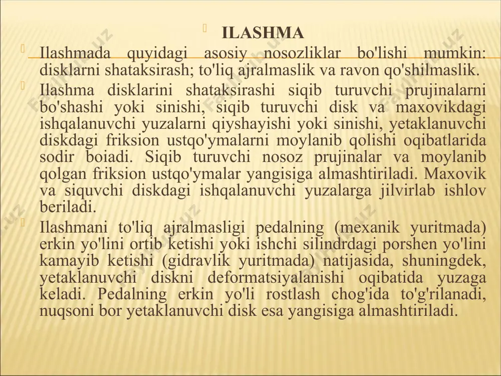 ndda amalga oshiriladi. uzatmalar qutisi karteridagi asosiy nuqsonlar darzlar, dumalash podshipniklari hamda orqaga yurish shesternalari blokining o'qi joylashadigan teshiklardagi yeyilishlar, rezbali teshiklardagi rezba-larning yeyilishi va uzilishlaridir. podshipniklar va o'qlar joylashadigan yeyilgan teshiklarni po'latlash orqali yoki qo'shimcha detal-vtulka o'rna­tib tiklanadi. tiklangan teshiklarni gorizontal yo'nish dastgohida, teshiklar o'qdoshligini ta'minlagan holda nominal o'lchamga keltiriladi. ikkitagacha o'rami uzilgan rezbalarni metchik o'tkazib tiklanadi. rezbasining ikkitadan ortiq o'rami uzilgan yoki yeyilgan teshiklarni ta'mirlash o'lchamidagi rezbalar ochish orqali, shuningdek, burama detal kirgazib yoki payvandlab, so'ng unga nominal o'lchamdagi rezba ochib tiklanadi. uzatmalar qutisi karteridagi darzlarni avval payvandlab, so'ng charxtoshda tozalab bartaraf etiladi. darzlar soni ikkitadan ko'p bo'lib, ularning umumiy uzunligi 100 mm dan ortiq bo'lsa va orqaga yurish shesternalar blokining o'qi joylashadigan teshik orqali o'tgan darzlar bo'lsa, u holda uzatmalar qutisi karteri yaroqsizga chiqariladi. vallarda (yetaklovchi, oraliq, yetaklanuvchi) quyidagi nuqsonlar uchraydi: podshipniklar halqasi yoki vtulkasi o'rnashadigan bo'yinlar-ning yeyilishi; shlitsalarning yeyilishi; rezbalarning to'lib qolishi, yeyilishi yoki uzilishi; shlitsalarni …