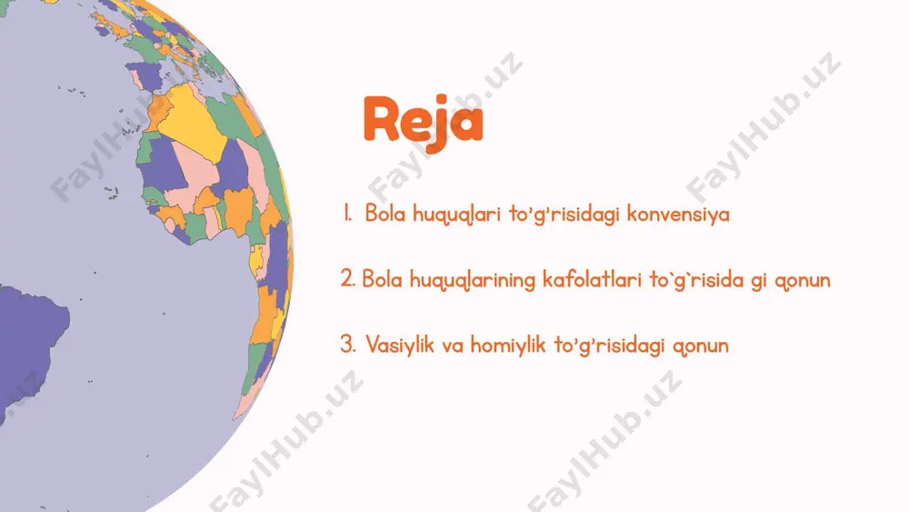 1-modda 18 yoshga to‘lmagan har bir inson ushbu konvensiyada qayd etilgan barcha huquqlarga ega. 2-modda insonning irqi, dini, qobiliyatlari, u nima deb o‘ylashi yoki so‘zlashidan qat’i nazar, konvensiya har bir insonga nisbatan qo‘llaniladi. 10-modda bola va uning ota-onasi oilani birlashtirish yoxud bola bilan ota-ona o‘rtasidagi shaxsiy munosabat va to‘g‘ridanto‘g‘ri aloqalarni bog‘lab turish maqsadida har qanday mamlakatni tark etish va o‘z mamlakatiga qaytib kelishga ruxsat berilishi darkor. 11-modda davlat bolalarning mamlakatdan noqonuniy olib ketilishiga barham berish uchun barcha tegishli chora-­tadbirlarni qo‘llashga majbur bu qismda ayrim moddalarni ko`rib chiqamiz konventsiyaga binoan, bola mustaqil shaxs sifatida qabul qilinadi. konvensiya bolani o‘ziga xos huquqlarga ega bo‘lgan shaxs sifatida tavsiflaydi: yashash huquqi (6-modda), oila qurish (9-modda), ismi va fuqaroligi bo‘yicha. ta’lim to‘g‘risida (7-modda), zo‘ravonlikdan himoya qilish to‘g‘risida (19-modda), tenglik, fikr va so‘z erkinligi to‘g‘risida (13-modda), dam olish va hordiq chiqarish (31-modda), tibbiy. xizmat ko‘rsatish va sog‘liqni saqlash (24-modda), davlat yordamida (18-27-modda) va boshqalar. o‘zbekiston respublikasi …