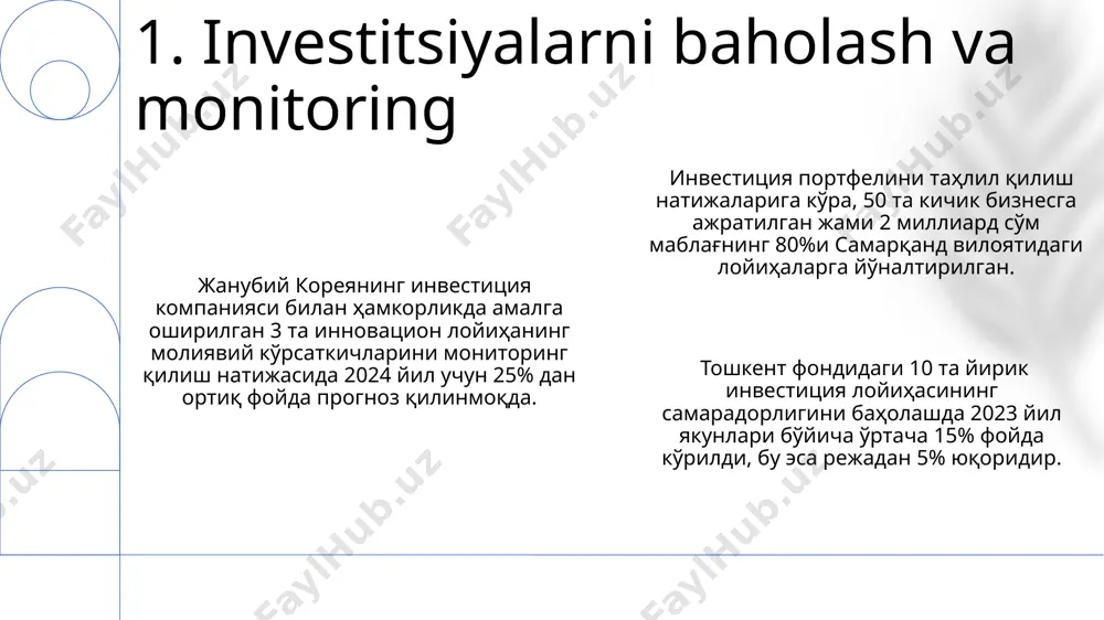 ори 5 млн сўмдан 100 млн сўмгача этиб белгиланган бўлиб, бу жарималарнинг 70%и товарларнинг камчилиги учун қўлланилади. ўзбекистон республикасининг 200дан ортиқ қонун ҳужжатлари истеъмолчилар ҳуқуқларини ҳимоя қилишга бағишланган бўлиб, уларнинг 30%и товарлар ва хизматлар сифатига оиддир. 7. qonunchilik va tartibga solish самарқанд вилоятида яшовчи 1000 нафардан ортиқ иштирокчи пенсия жамғармасига қўшимча маблағ киритиш ва нафақа тўловларини таъминлашга қизиқиш билдиришган. фарғона водийсидаги кичик тадбиркорларнинг 30%и 5000$ дан 10000$ гача бўлган инвестициялар орқали бизнес ривожланиши учун жамғармага мурожаат қилишади. тошкент шаҳридаги 25-45 ёш оралиғидаги иштирокчиларнинг 70%и тезкор кредит олиш ва молиявий саводхонликни оширишга эҳтиёж сезади. 8. ishtirokchilar va ularning ehtiyojlari samarqand viloyati fondlariga 2024-yil rejalari bo'yicha, xalqaro investorlardan kutilgan 3 million dollarlik to'g'ridan-to'g'ri investitsiyalar va mahalliy kichik biznes sub'ektlarining 100 million so'mlik hissa qo'shishlari asosiy mablag' manbai sifatida ko'zda tutilmoqda. fonda mablag'larning asosiy manbalari orasida jismoniy shaxslardan 2023-yilda 15 trillion so'm miqdorida jalb qilingan investitsiyalar, shuningdek, xalqaro moliya institutlari, masalan, jahon banki …