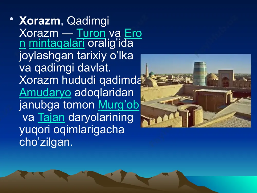 isliklar, uning jan. qismida esa, murgob va tajan daryolari vodiylarining kattagina qismi tog’ va adirliklar va ulardan bosh olgan kattakichik daryojilg’alar etaklarida yuzaga kelgan hosiddor yerlar joylashgan. qadimgi xorazm mintaqalari hududlarining o’ziga xos tabiati, shubhasiz, qad. aholining turmush tarzini belgilabgina qolmay, balki bu diyorda yuzaga kelgan qad. madaniyatlarning shakllanishi, rivoji va bir-biriga qorishuviga ham kuchli ta’sir etgan. shu boisdan xorazmning shim. qismi (oqchadaryo deltasi)da mil. av. 4—3 ming yilliklarda ovchilik va baliq ovlash bilan kun kechirgan aholi (q. kaltaminor madaniyati) yashagan bo’lsa, mil. av. 2myng yillikda esa chorvachilik va dehqonchilikning soddagina usullaridan xabardor bo’lgan qabilalar (q. tozabog’yop madaniyati va suvyorgan madaniyati) istiqomat qilgan. bu davrda tozabog’yop, suvyorgan va amirobod madaniyatlarini yaratgan qabilalarning qorishmasi asosida tarkib topgan kavundi (kavondi) qabilalari yashagan. ular xorazmning qad. aholisi massagetlarning bevosita ajdodlari bo’lgan. ko’chmanchi chorvachilik, xususan, yilqichilikning rivoji xorazm aholisining ijtimoiy hayotiga ham kuchli ta’sir etib, suvoriylar tabaqasini shakllantirgan. xorazm ning jan. qismida joylashgan vodiy …