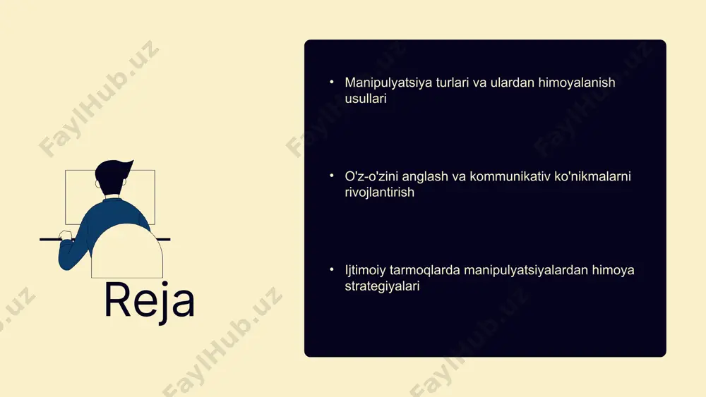 , kommunikatsiya ko'nikmalarini rivojlantirish va o'z fikrlarini aniq ifoda etish usullaridir. har bir usulning afzalliklari: axborotni to'g'ri tushunish va manipulyatsiyadan qochishga yordam beradi, kamchiliklari esa, ba'zan o'z fikrlarini bildirishda qiyinchilik tug'dirishi mumkin. - axborotni tahlil qilish: ma'lumotlarni tahlil qilib, kerakli ma'lumotlarni ajratish. - kommunikatsiya ko'nikmalarini rivojlantirish: o'z fikrlarini aniq va tushunarli ifoda etish. - o'z fikrlarini himoya qilish: boshqalarning ta'siridan mustaqil turish. swot analizi: kuchli tomonlar: yuqori tahlil qobiliyati, kuchli kommunikatsiya. zaif tomonlar: o'z fikrlarini ifoda etishda qiyinchiliklar. imkoniyatlar: yangi ko'nikmalarni o'rganish. tahdidlar: tashqi manipulyatsiya usullari. strategiya 1 birinchidan, his-tuyg'ularingizni anglash va ifoda etish muhimdir. bu manipulyatsiyaga qarshi kurashishda yordam beradi. o'z his-tuyg'ularingizni ochiq tarzda ifoda etish, sizni kuchliroq qiladi. strategiya 2 ikkinchidan, ma'lumotlarni tahlil qilish strategiyasi zarur. boshqalar nuqtai nazarini tushunish, manipulyatsiyadan qochishga yordam beradi. bu strategiya, qaror qabul qilishda muhim rol o'ynaydi. misol misol sifatida, bir inson ish joyida do'stining manipulyatsiyasiga duch keladi. o'z his-tuyg'ularini aniq ifoda etganidan …