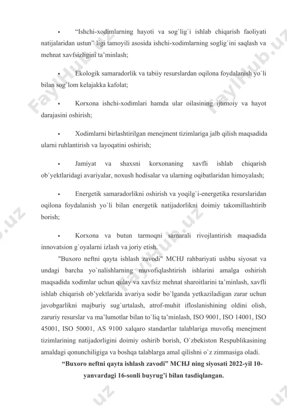 ik zonaning texnologik jarayonlarni boshqarishning avtomatik tizimi va avariya holatini boshqarish tizimini modernizatsiya qilish ishlari boshlandi, parallel ravishda kapital ta’mirlash ishlari olib borilmoqda. ma’lumot uchun: texnologik zonaning texnologik jarayonlarni boshqarishning avtomatik tizimi va avariyaga qarshi avtomatik himosini modernizatsiya qilish o’zbekiston respublikasi prezidentining 2016 yil 22 dekabrdagi pq–2692-son qaroriga muvofiq ma’nanan va jismonan eskirgan uskunalarni jahon bozorida sinovdan o’tgan zamonaviy jihozlarga almashtirish va yangilash bo’yicha loyihalarni amalga oshirish manzilli ro’yxatiga kiritilgan. modernizatsiyaning asosiy maqsadi avtomatlashtirilgan boshqaruv tizimining ishonchliligi va nosozliklarga chidamliligini oshirishdan iborat. o’z navbatida, kapital ta’mirlash davrida quyidagi ishlar amalga oshirildi: - gaz kondensati va neftь xom-ashyosi aralashmasini atmosfera bosimi ostida haydash va gidrotozalangan naftani fraktsiyalash qurilmasida ta’mirlash ishlari olib borildi; - texnologik qurilmalarda joylashgan issiqlik almashinish apparati quvur to’plamlari gidromexanik usulda tozalandi va bir qismi almashtirildi; - katalitik riforming blokidagi barcha reaktor qurilmalari, regenirator, sig’imlar tozalandi va texnik ko’rikdan o’tkazildi; - gazlarni fraktsiyalarga ajratish qurilmasidagi barcha sig’imlar, ustunlar, issiqlik …