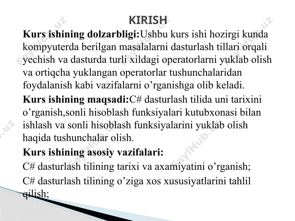 scii kodlar jadvali bilan birgalikda quyidagi belgilarni o’z ichiga oladi: lotin harflari; 0 dan 9 gacha raqamlar; “_” belgisi (harf sifatida ham ishlatiladi); maxsus belgilar to'plami : {}, 1 [] + - % / \ ; : a ? <> = ! & # ~ *; boshqa belgilar. c# alfaviti so’zlarni tuzishda xizmat qiladi, ya’ni leksemalarni tuzishda. leksemalarning 5 turi bor: identifikator; kalit so’z; amallar belgilari; literallar; ajratuvchilar. 2.1 c# tilining sintaksisi ifodalar. ifoda - qiymatni aniqlovchi kod satridir. oddiy ifodaga misol: myvalue=100; myvalue ning o’zi bir qiymatni aniqlovchi operator bo’lsada, uni ham qiymat sifatida o’zlashtirish mumkin. chunki u 100 qiymatini qabul qiladi. instruksiya(amal). instruksiya - bu dastur kodida tamomlangan ifodadir. c# tilidagi dastur instruksiyalar ketma - ketligidan iborat. har bir instruksiya belgisi bilan tugallanishi kerak. masalan: int x, y; x=100; y=0; 2.2. c# dasturlash tilida ifoda, instruksiуa va operatorlar. 3-bob. c# dasturlash tilida sonli hisoblash funksiyalari va ular ustida …