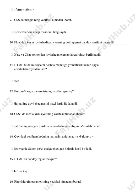 usiyati element qayerga joylashtirilish kerakligini aniqlash uchunishlatiladi?  position 22. php dasturida oʻzgarmas qaysi buyruq yordamida eʼlon qilinadi?  define 23. css da elementlarning position xususiyati nechta qiymat qabul qilishi mumkin?  5 ta 24. formada bir nechta maʼlumotlar ichidan istalganini tanlash imkoniyatini beruvchielementni aniqlang?  checkbox 25. cssda sharhlar qanday belgilar orqali ifodalanadi?  /* */ 26. cols attributining vazifasini aniqlang.  maydonning ustunlari sonini belgilaydi. 27. cssda tashqi uslublar qanday elemen orqali bogʻlanadi?  28. qaysi javobda havola sichqoncha ustidagi holat kodi berilgan  a:hover. 29. html dagi sahifaga ishlov berish uchun qaysi attributdan foydalaniladi?  style 30. nuqtalar oʻrniga mos soʻzni qoʻyib jumlani toʻldiring. id nomi … bilan boshlanmaydi!  raqam 1. css faylga html dan qanday qilib boʻgʻlanish mumkin?  elementi orqali. 2. javascriptda barcha teglarga murojaat qanday amalga oshiriladi?  document.getelementbytagname(ʻ..ʼ); 3. qaysi usul 0 dan 1gacha oraliqdagi ixtiyoriy soni qaytaradi  random 4. css3 …