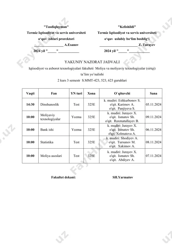 oslari test 325e k. mudiri: jurayev x. o'qit. ismatov sh. o'qit. abdiyev a. 07.11.2024 fakultet dekani: sh.yarmatov
