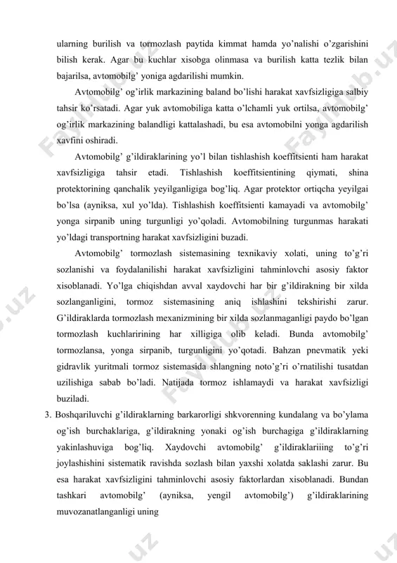 lishi, ranglarni ajrata olishi yo’l sharoiti o’zgarganda ham ziyraklikni saklashi lozim. adabiyotlar 1. x.m.mamatov. avtomobillar. “o’zbekiston”, t.,1995,336 bet. 2. x.m.mamatov, yu.t.turdiev va boshqalar. avtomobillar. “o’qituvchi”, t., 1982 , 398 bet. 4. v.l.rogovtsev i dr. ustroystvo i ekspluatatsiya avtotransportnqx sredstv.”transport”, moskva.,1991., 432 str. 5. x.m.mamatov. avtomobili. “uzbekistan”, t.,1992., 238 str. 6. x.i.kirshe. legkovoy avtomobilg’ ot a do ya “transport”m., 1988 g., 176 str. 7. p.s.yaresg’ko, i dr. avtomobili kamaz voprosq i otvetq. “transport” m. 1989 g., 288 str. 8. uchebnoe posobie po texnicheskomu obslujivaniyu “damas, labo” deu, 283 str. 9. tiko avtomobillairining tuzilishi bo’yicha plakatlar to’plami o’quv qo’llanma. toshkent avtomobil yo’llari instituti, o’zbekiston respublikasi yo’l harakati xavfsizligi markazi.